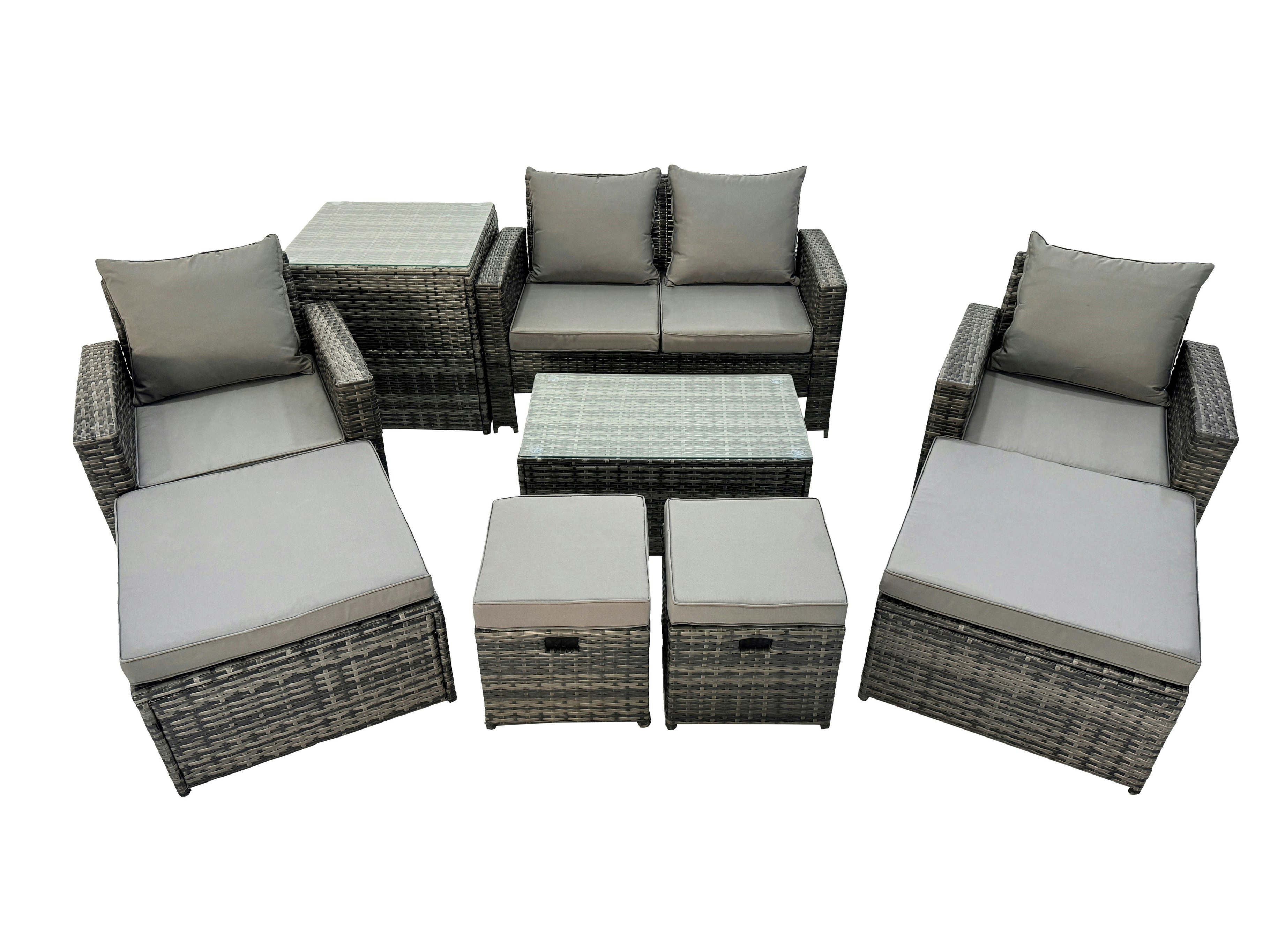 Fimous Dark/Grey 8 Seater Rattan Furniture Set With Coffee Table, Sofa, 2 Chairs, 4 Stools & Side Table
