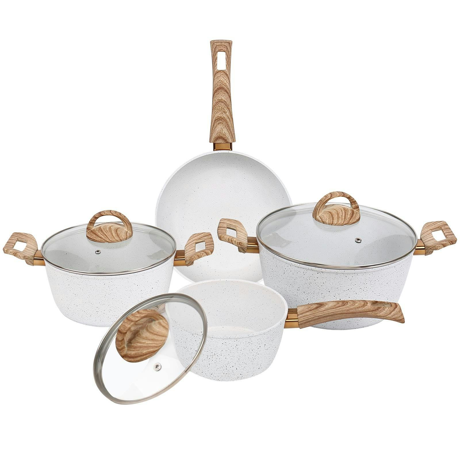 Gr8 Home White/Brown Coconut Aluminium 7 Pcs Induction Non Stick Frying Pan Saucepan Pot Cookware Set - Coconut
