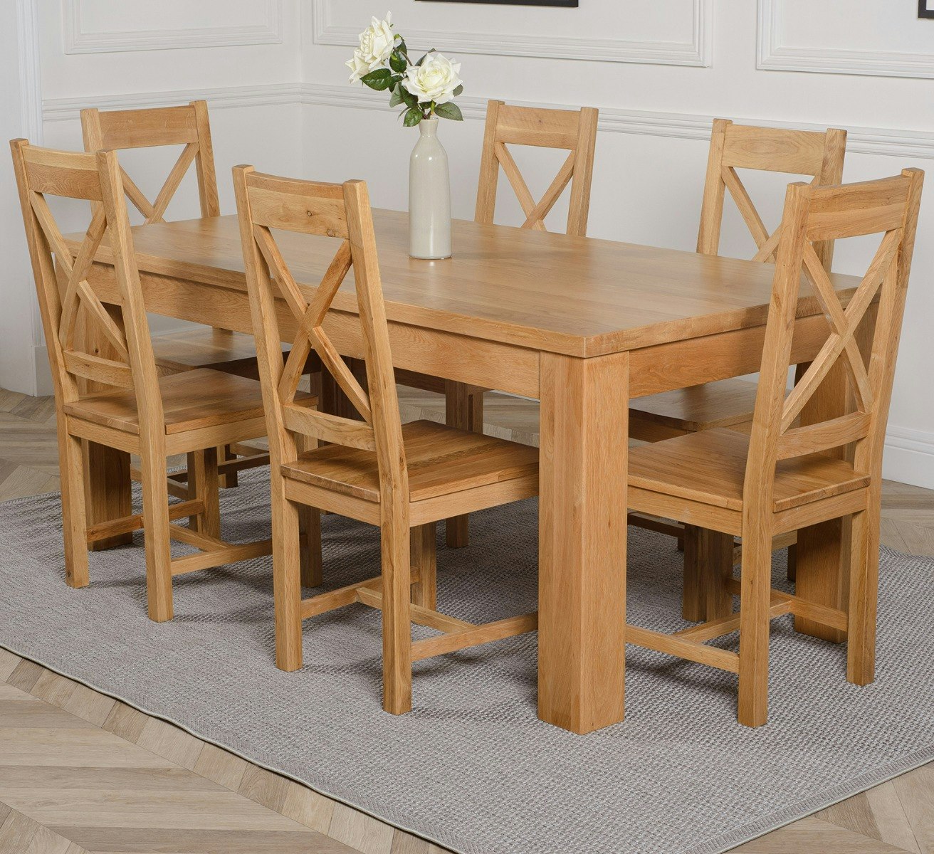 Rackhams Light/Grain/Brown Dakota Large Oak Dining Table With Berkeley Oak Chairs - Natural Oak - 6 Chairs