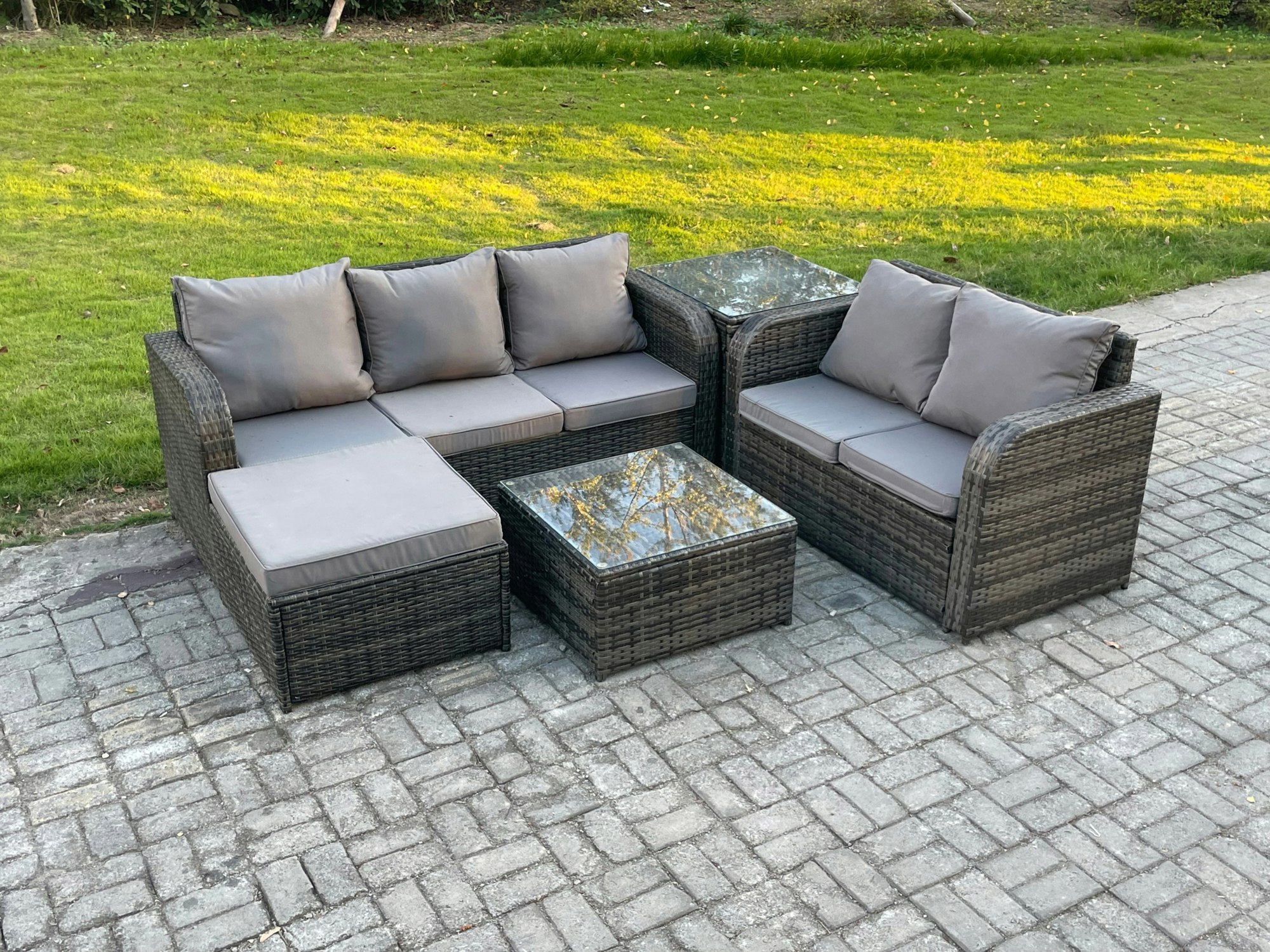 Fimous Dark/Grey Pe Rattan Garden Furniture Sets 6 Seater Outdoor Lounge Sofa Set Square Coffee Table Big Footstool Side Table