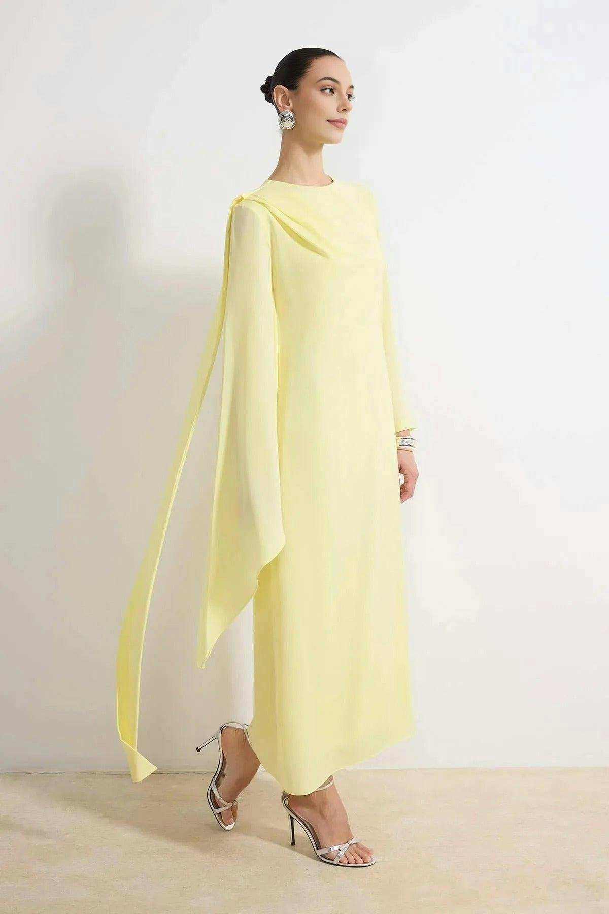 Wovcor Yellow Draped Long Sleeve Maxi Dress With Asymmetric Detail - 18