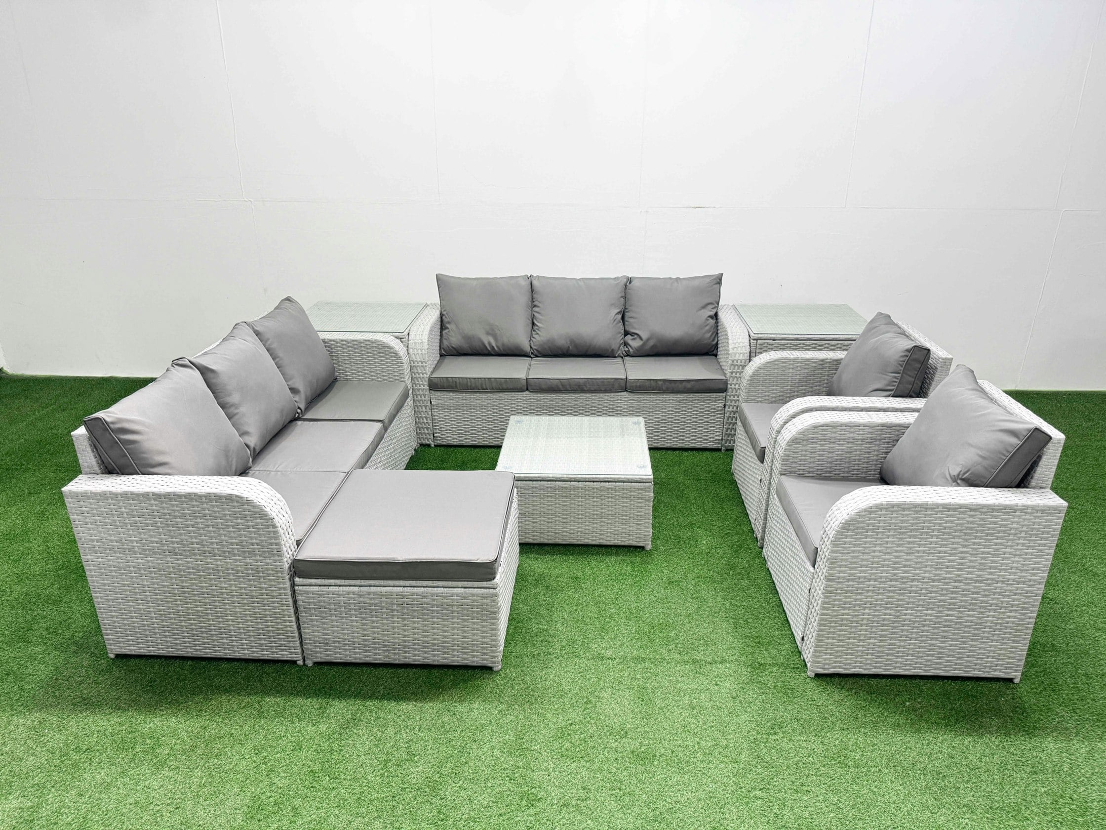 Fimous Light/Grey Rattan High Back Lounge Sofa Set Square Coffee Table & Chairs With 3 Seater Sofa Reclining Chair Big Footstool 2 Side Table