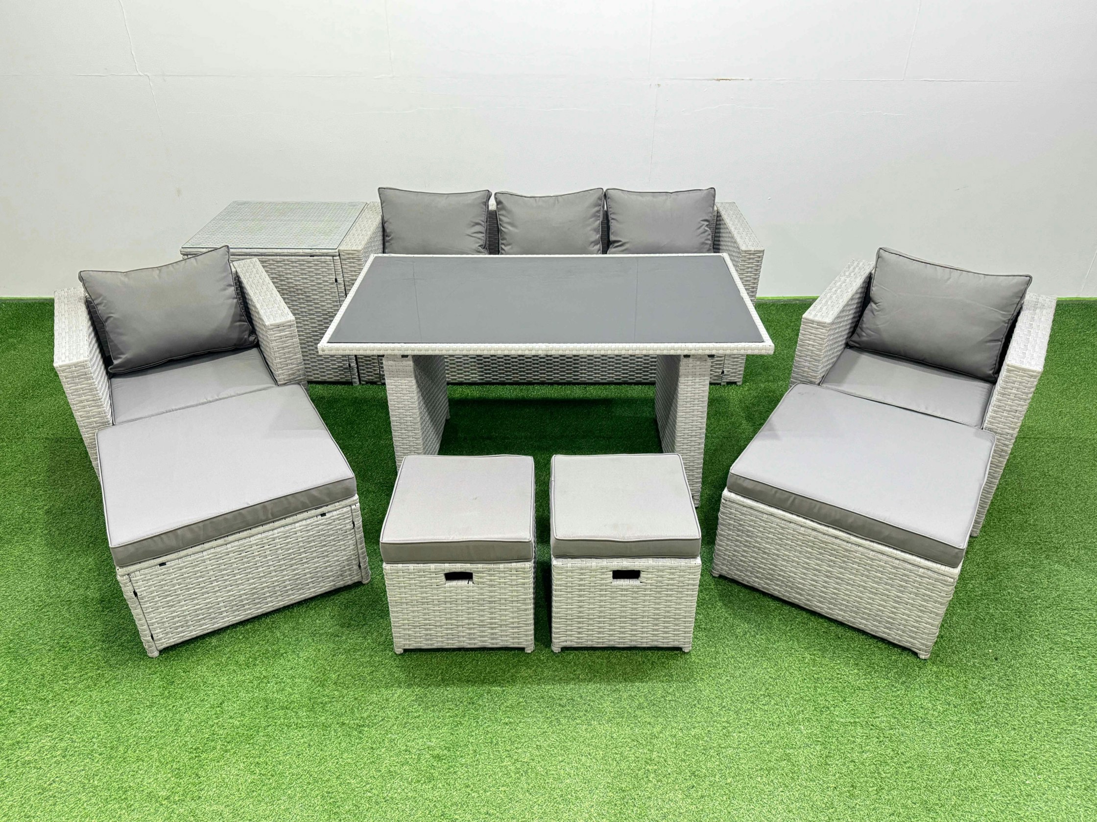 Rackhams Black/Light/Grey Patio Garden Furniture Sets With Glass Top Dining Table Armchair 3 Seater Sofa Side Table 4 Stools