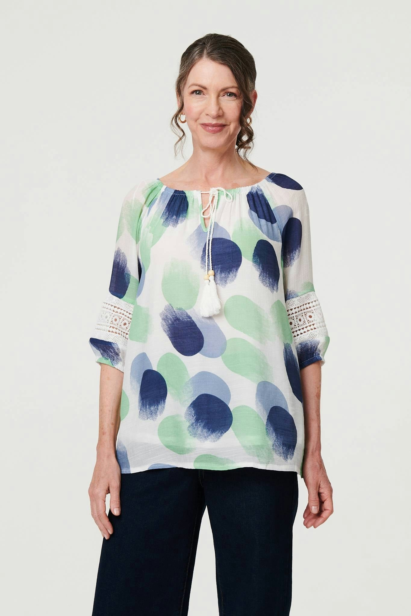 Izabel London Black Printed Lace Trim Tassel Front Blouse - Sage Size 10