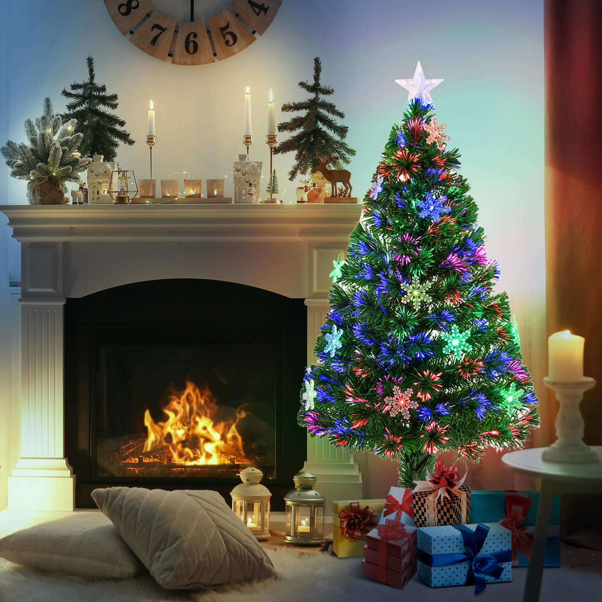 HOMCOM 4FT Green Fibre Optic Artificial Christmas Tree Xmas Colourful LED | Scattered Tree, Snowflakes Ornaments, Fireproofing - Image 3