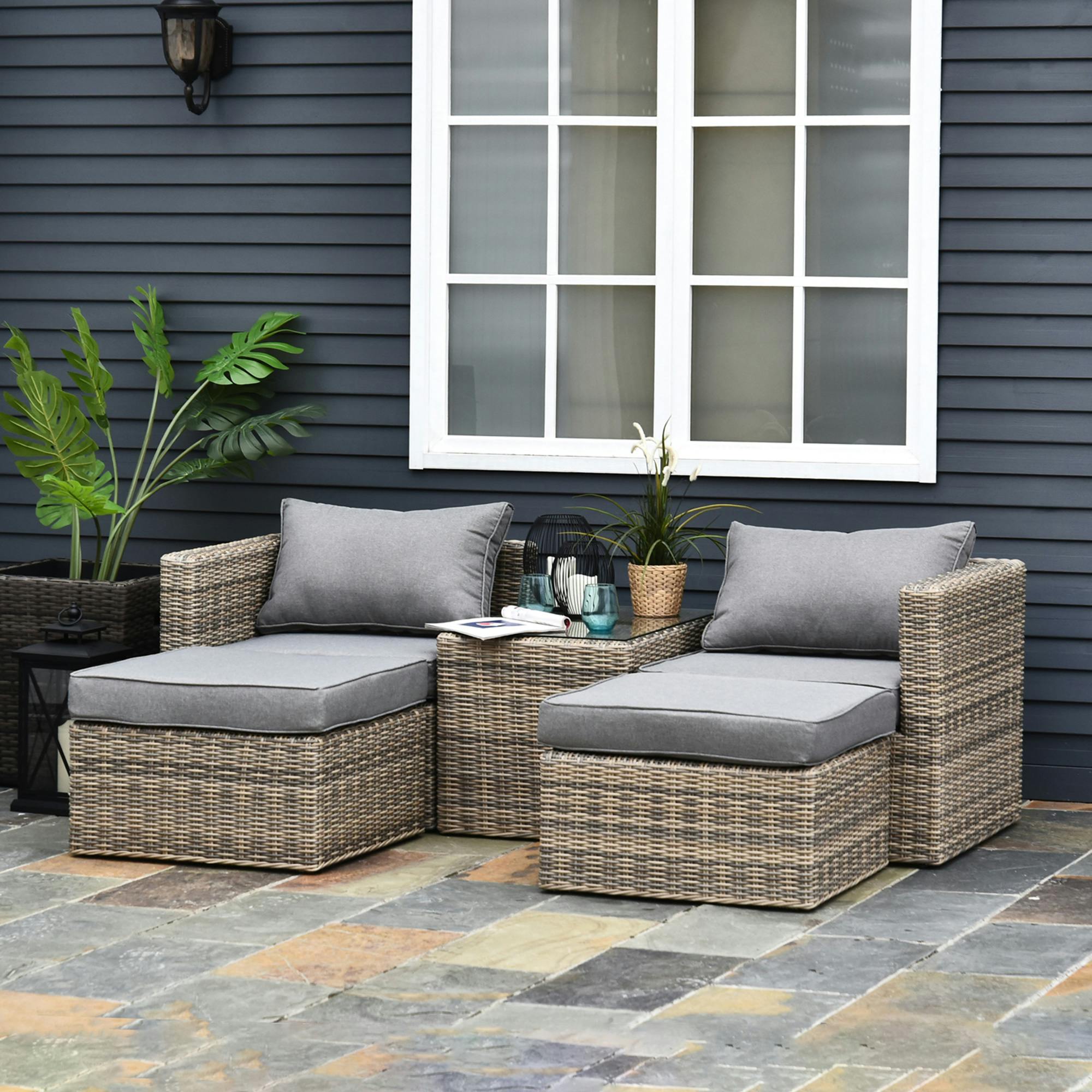Outsunny Unisex Brown 5 Pcs Pe Rattan Sofa Footstool Set Tall Glass-Top Table Aluminium Frame In - Image 2