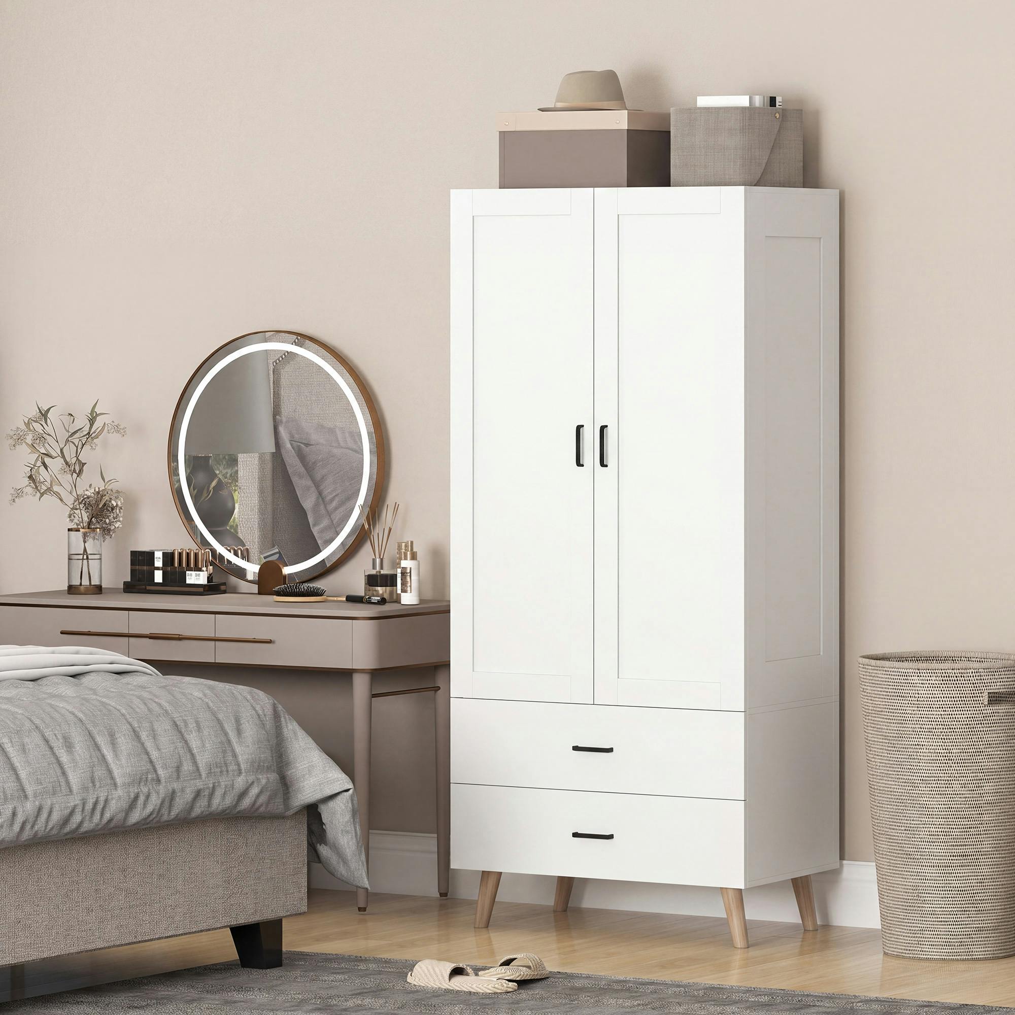 Homcom White 2-Door Wardrobe With 2 Drawers And Hanging Rail For Bedroom