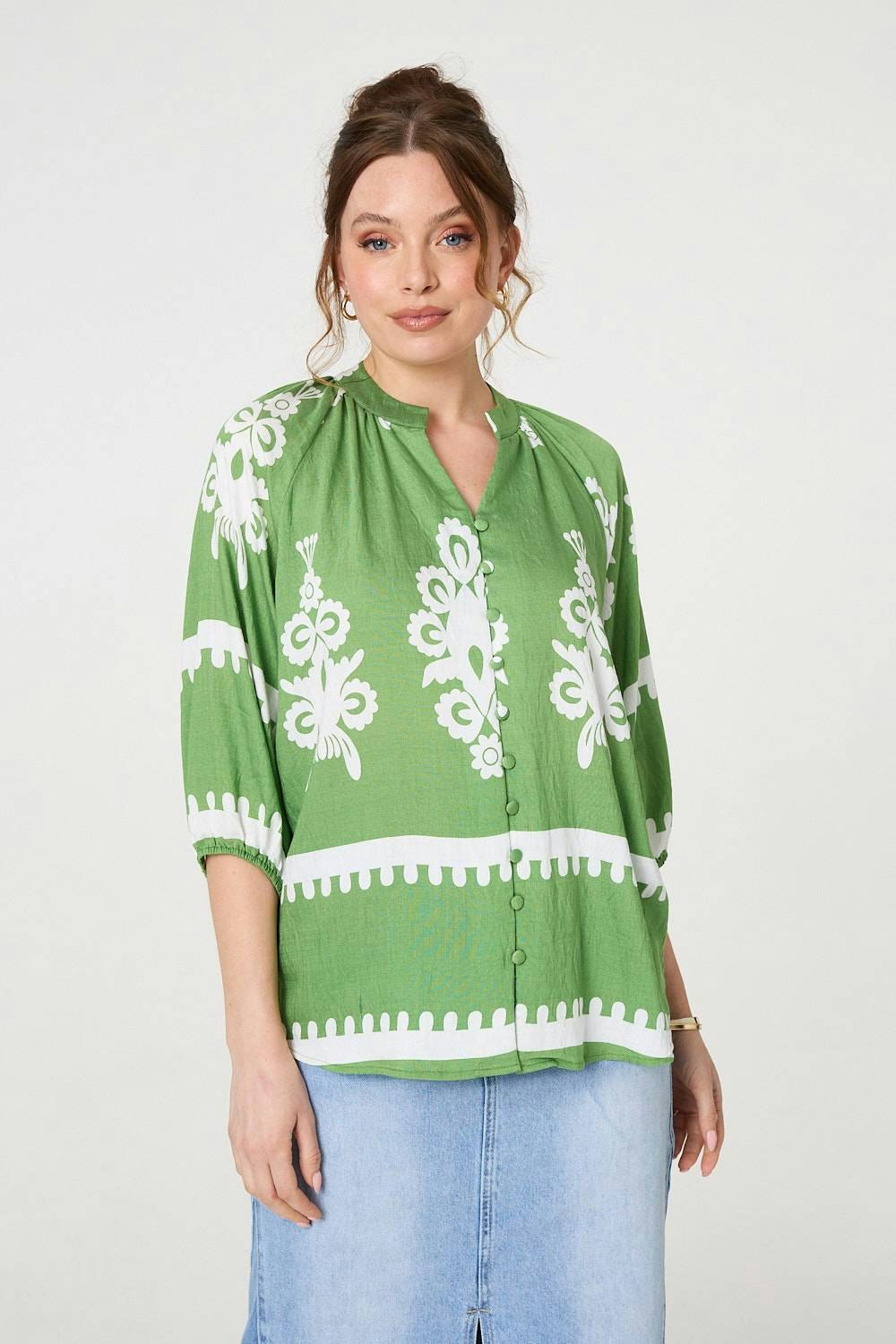 Izabel London Green Ikat Print 3/4 Sleeve Relaxed Blouse - 10