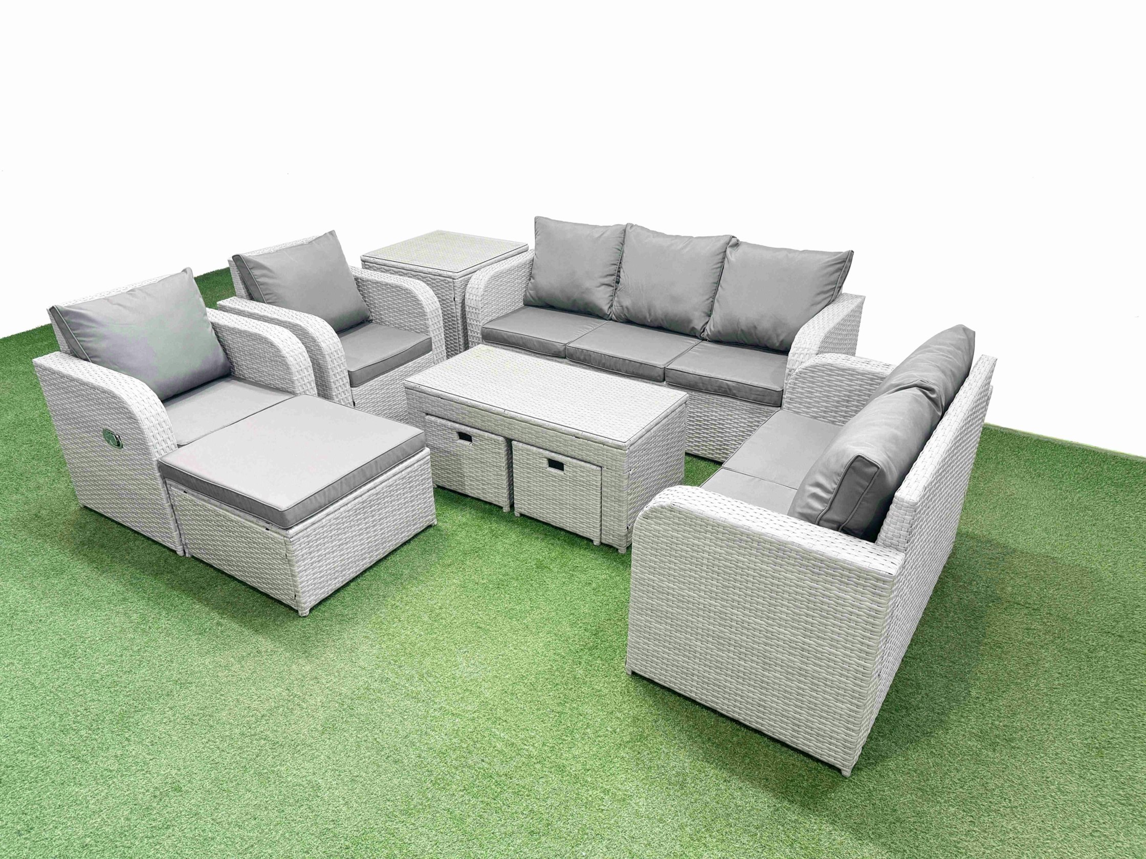 Fimous Light/Grey Pe Rattan Outdoor Lounge Set - Adjustable Chair, Double Loveseat, Rectangular Coffee Table, 3 Stools & Side Table