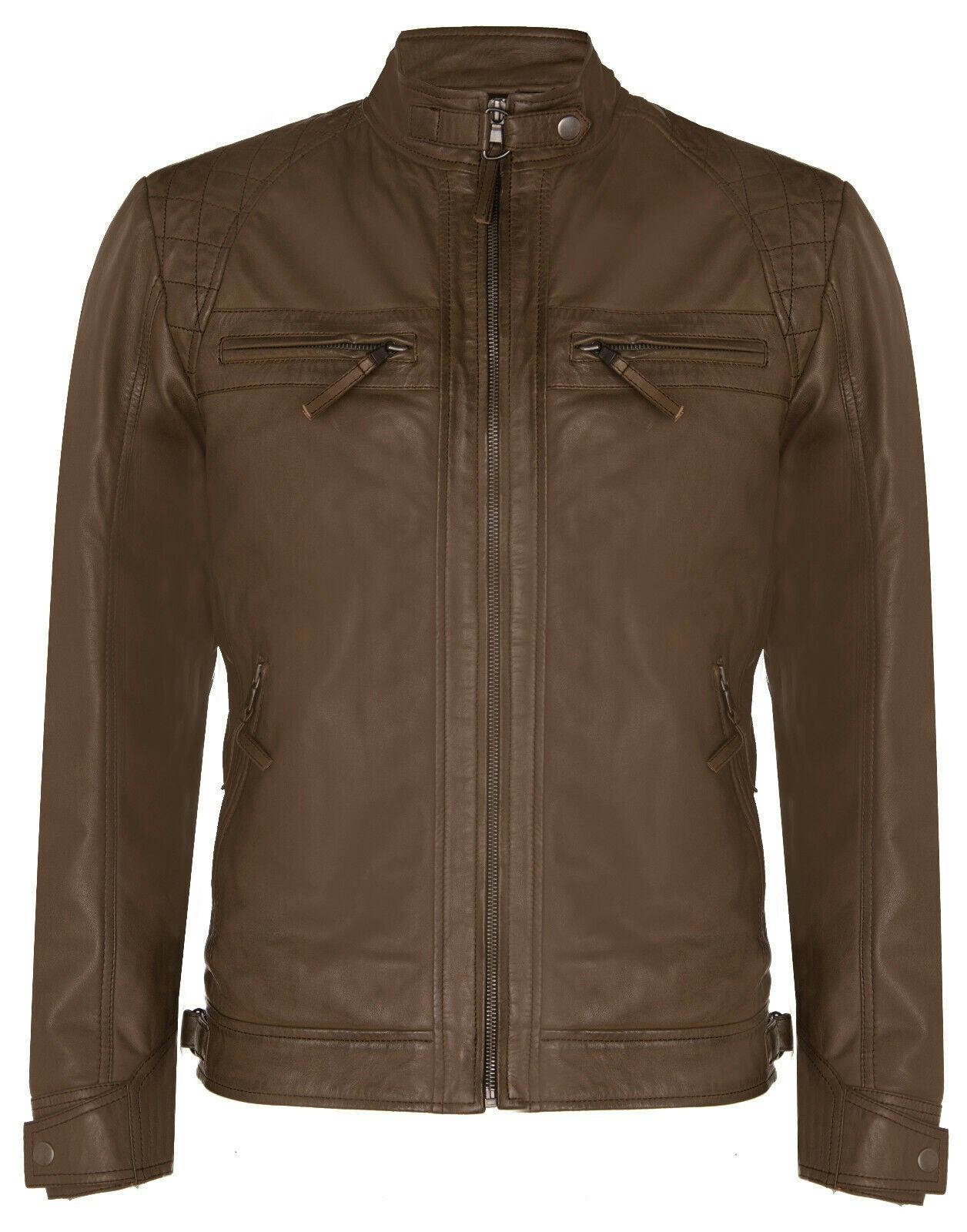 Infinity Leather Men's Brown Vintage Zipped Leather Racing Quilted Biker Jacket - Uk M | Eu 48 | Us 38