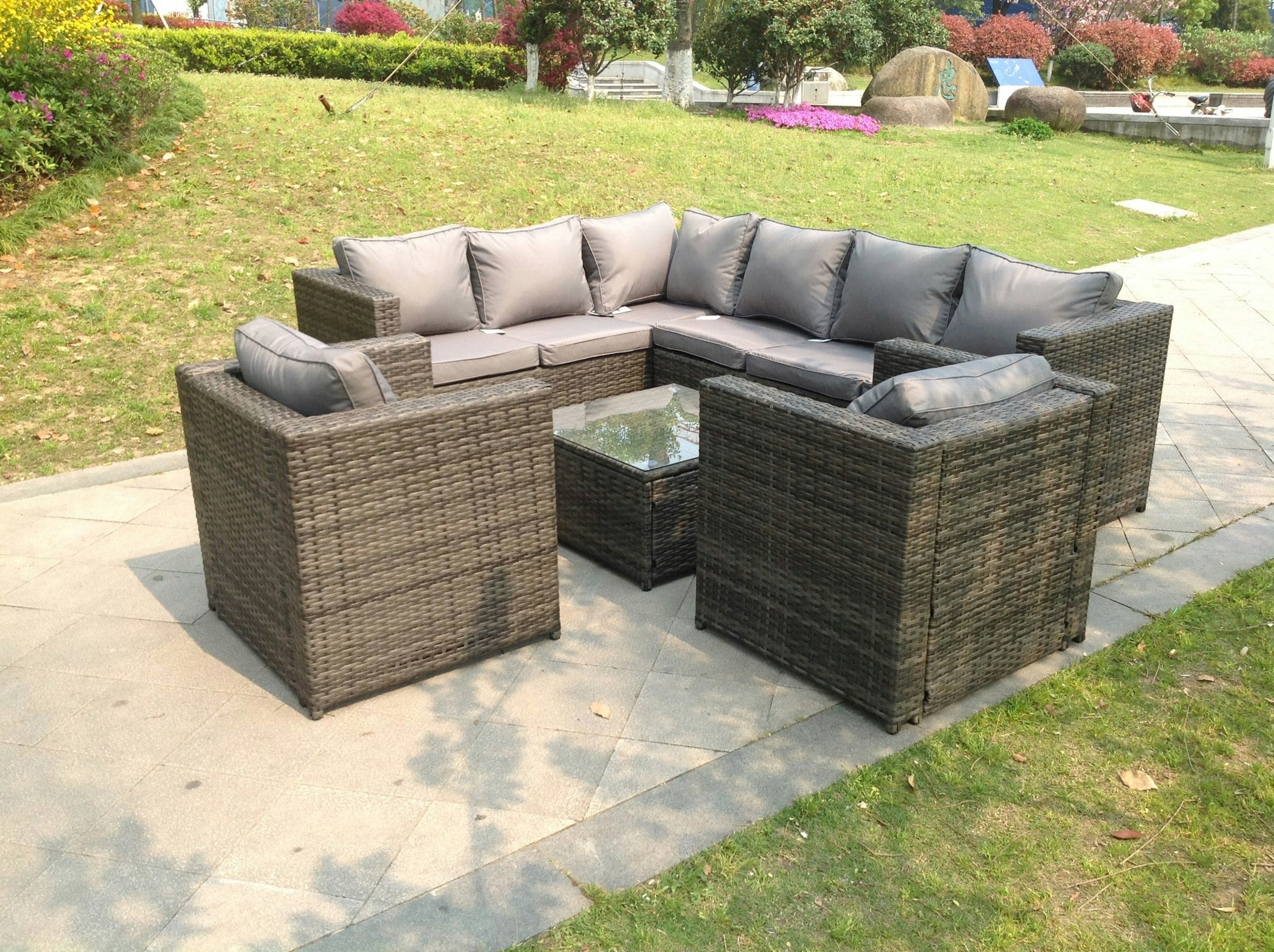 Rackhams Dark/Grey 8 Seater Corner Rattan Sofa Set Coffee Table Chair Garden Furniture Outdoor