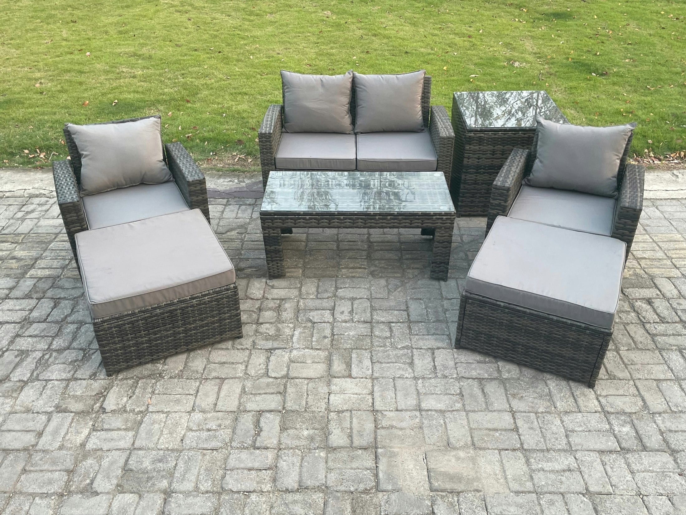 Rackhams Dark/Grey 7-Piece Outdoor Lounge Sofa Set - Mixed Pe Wicker Rattan Garden Furniture With Rectangular Coffee Table & Armchair