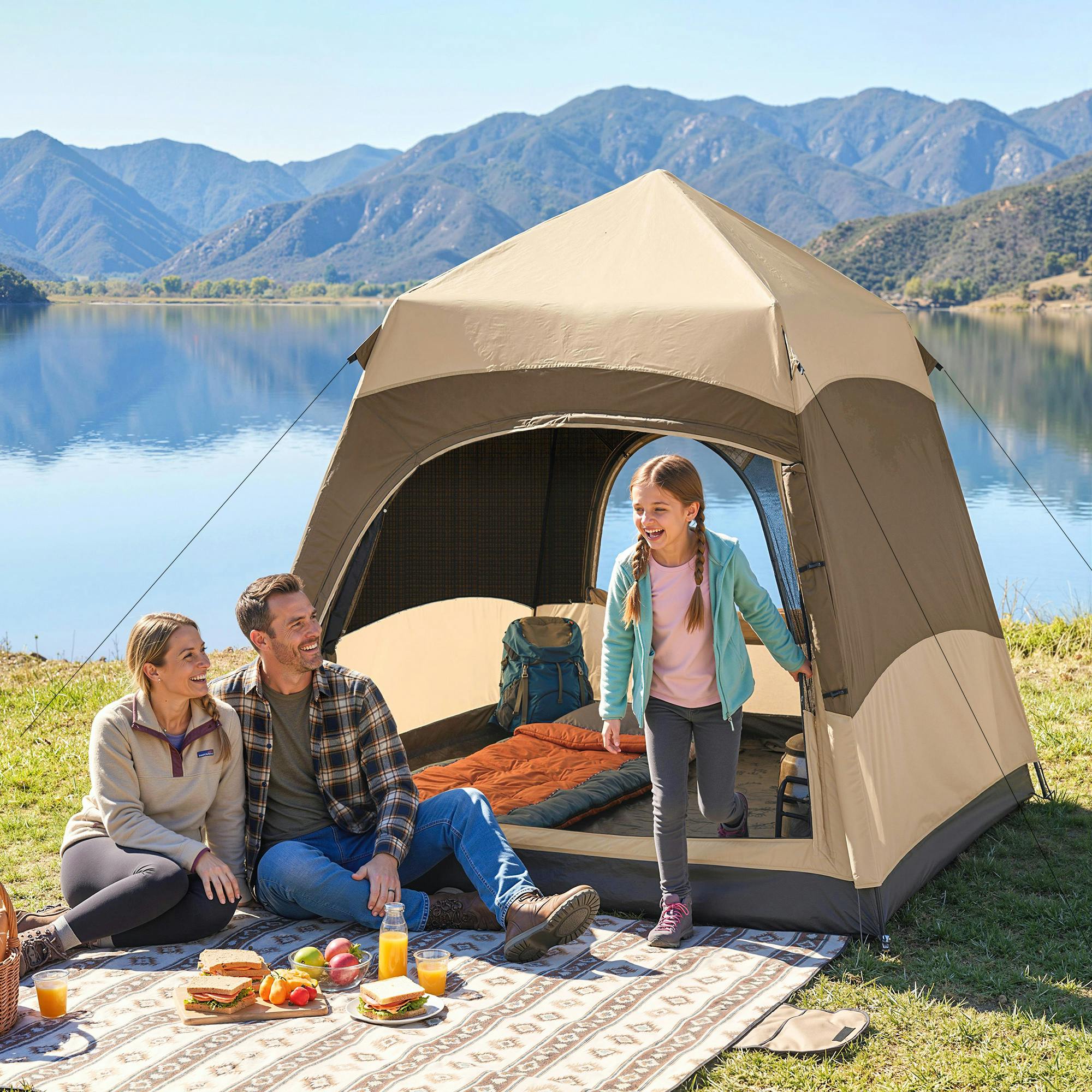 Outsunny Brown 4 Person Pop Up Tent Camping Festival Hiking Shelter Family