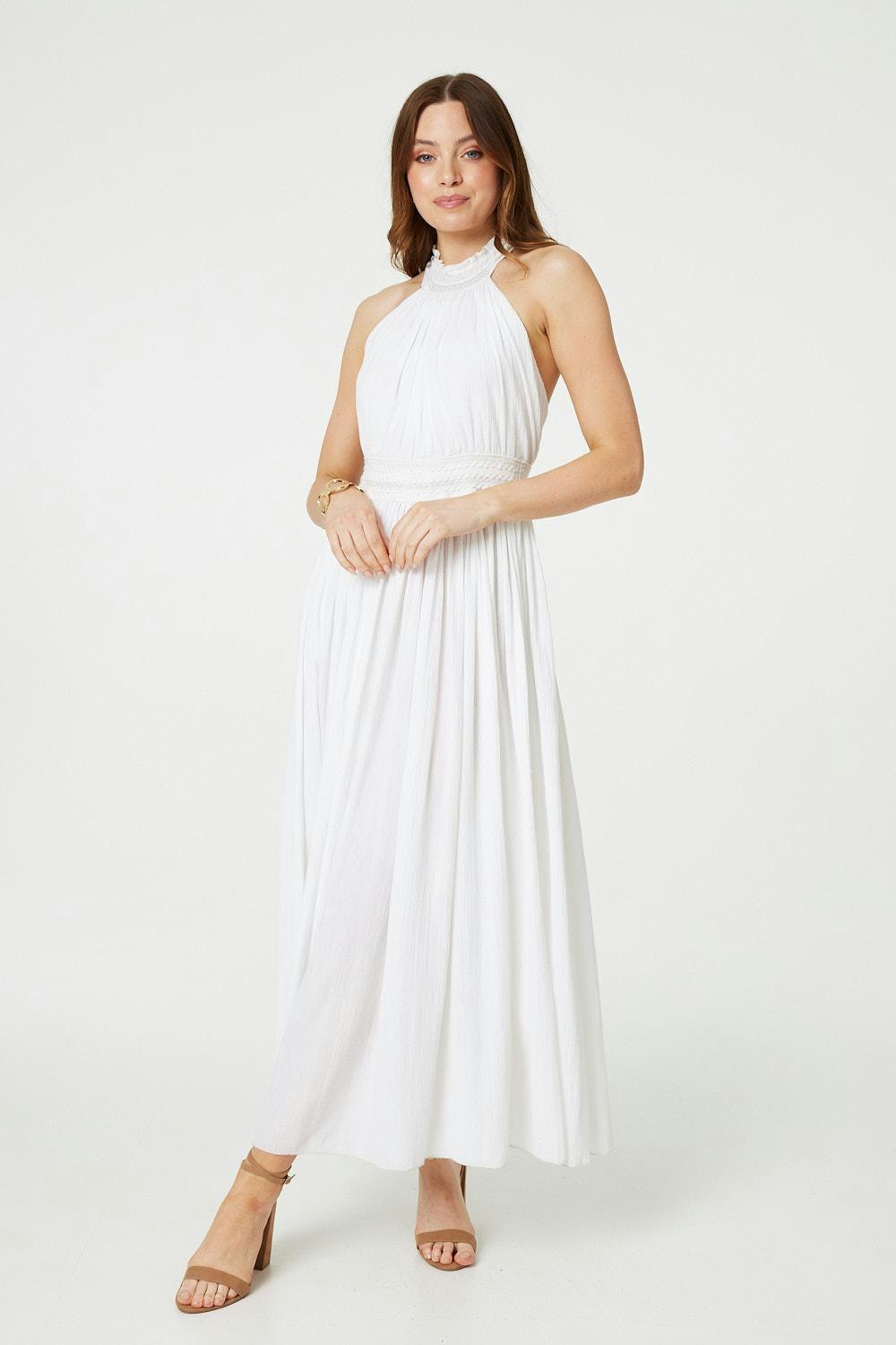 Izabel London White Embroidered Trim Halter Neck Maxi Dress - 14
