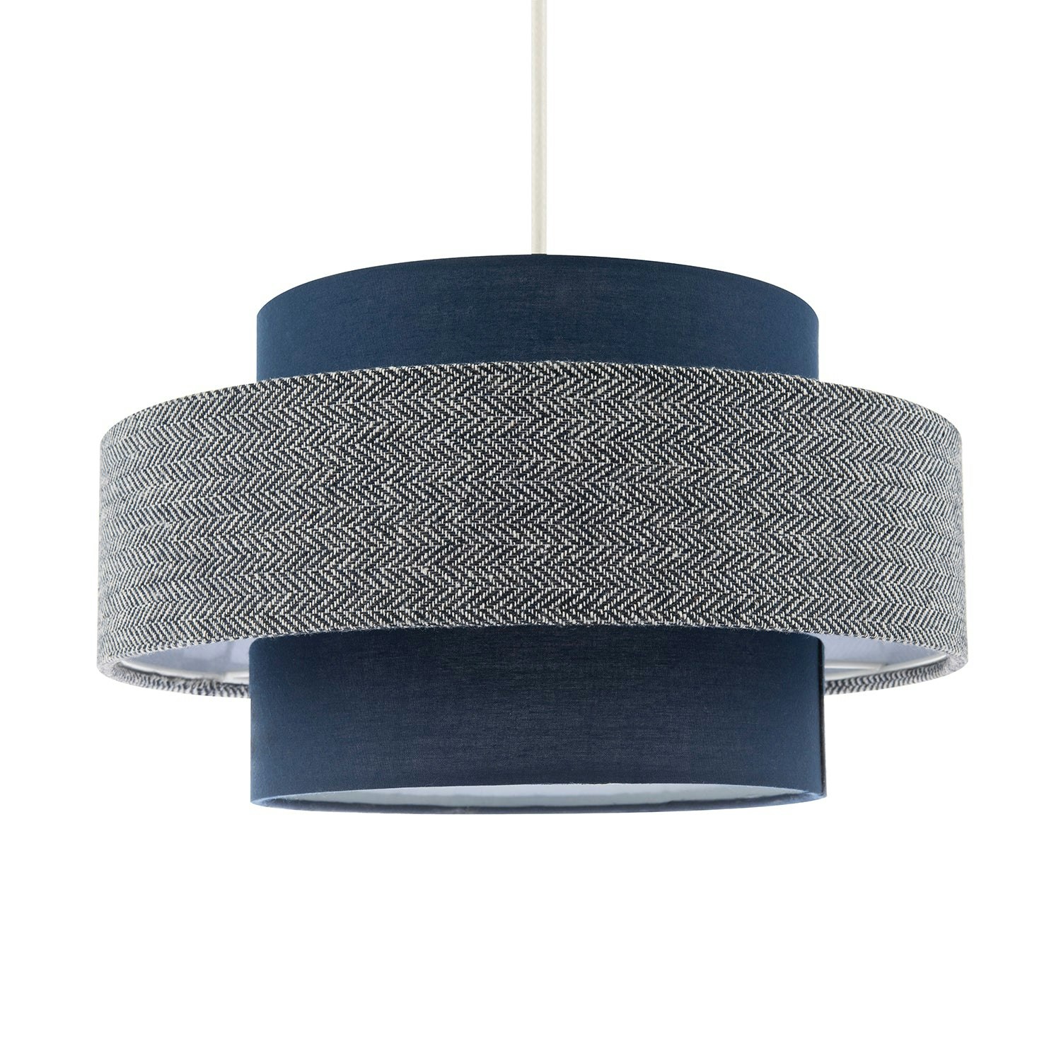 Happy Homewares Blue Modern Navy Herringbone Linen Triple Tier Design Pendant Shade