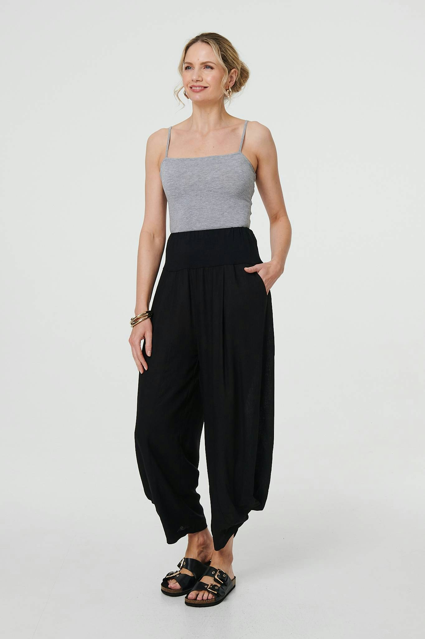 Izabel London Black High Waist Relaxed Ruched Leg Trousers - Size 8