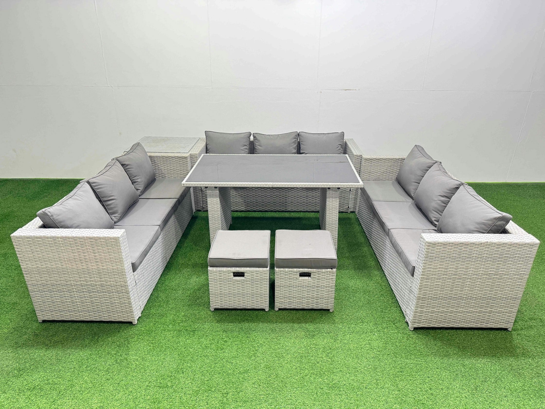 Fimous Black/Light/Grey Patio Outdoor Garden Furniture Sets With Glass Top Dining Table 3 Seater Sofa Side Table 2 Small Stool