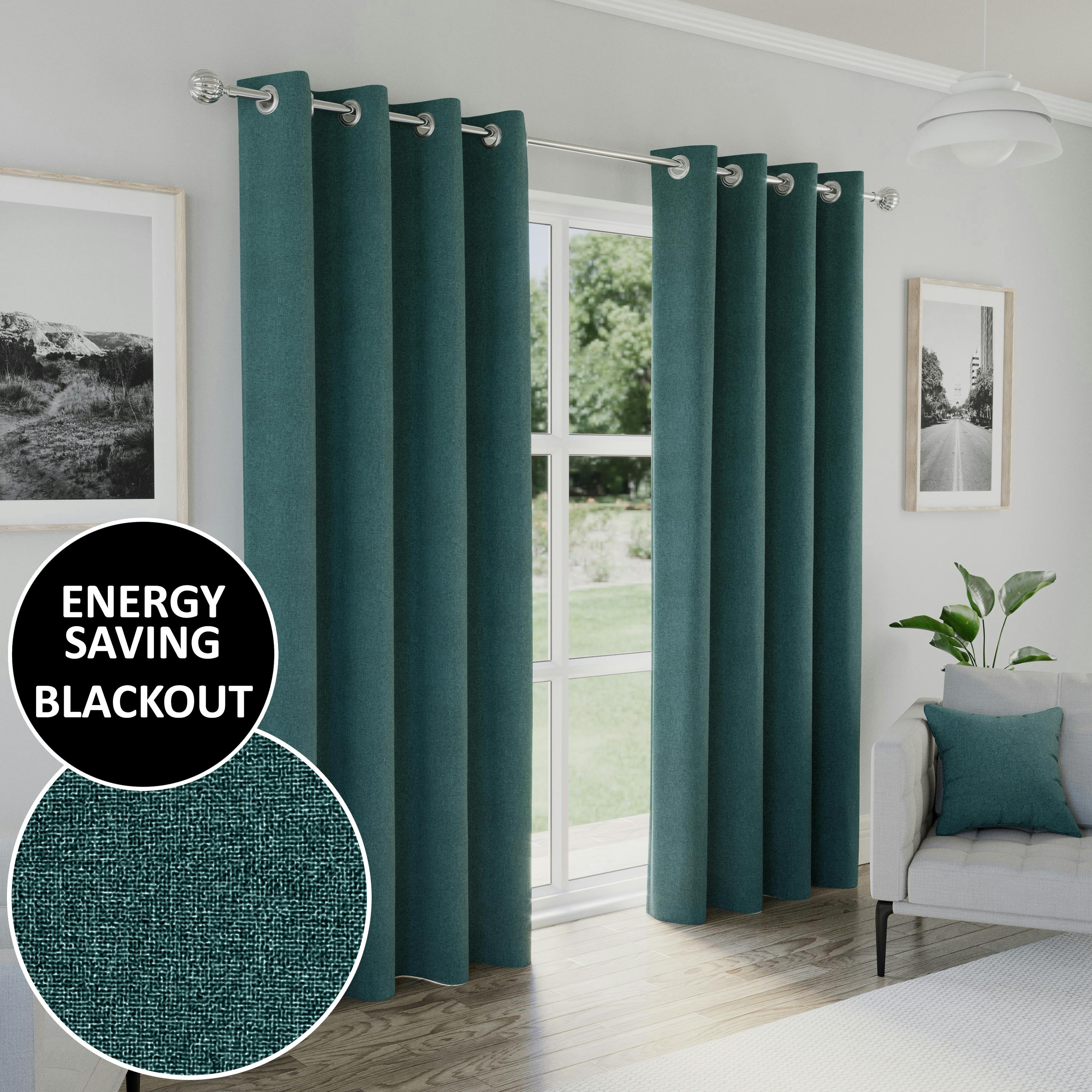Rackhams Light 100% Blackout Curtains - Thermal/Energy Saving Linen Look Pair With Eyelets For Living Room & Bedrooms - Teal - 46" (117Cm) Width X 54" (137Cm) Drop
