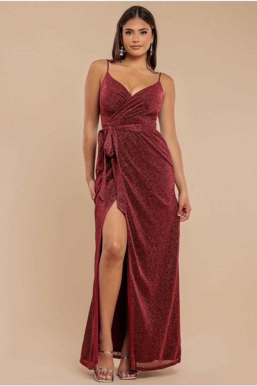 Goddiva Light/Dark/Red Wrap Style Spaghetti Strap Maxi With Split - Wine By - Wine - 10