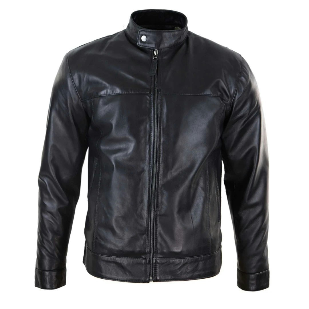 Infinity Leather Men's Black Leather Company Classic Zip Leather Jacket Nehru Grandad Collar Biker Style - Small