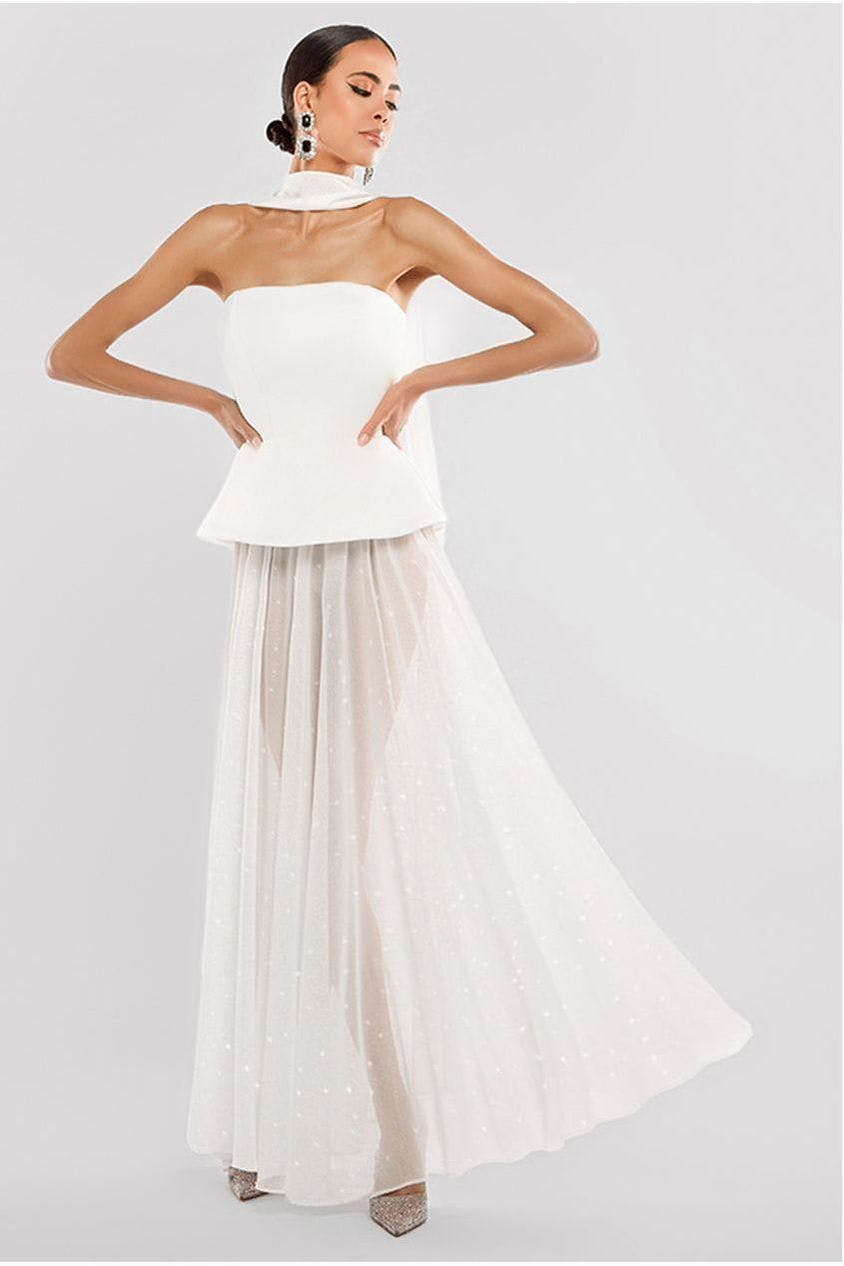 Goddiva Cream Gathered A-Line Glitter Chiffon Maxi Skirt By - Glitter - L