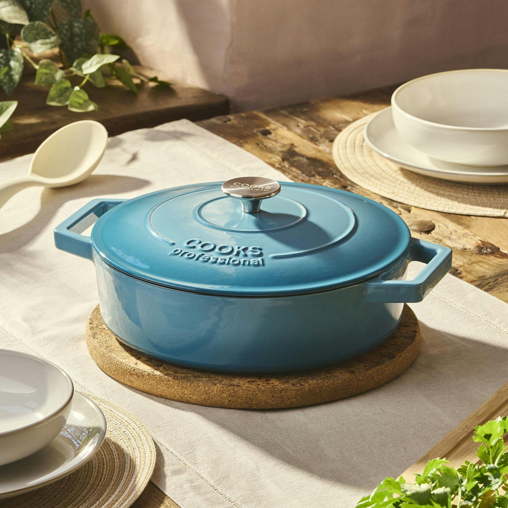 Rackhams 28Cm Shallow Cast Iron Casserole | Teal