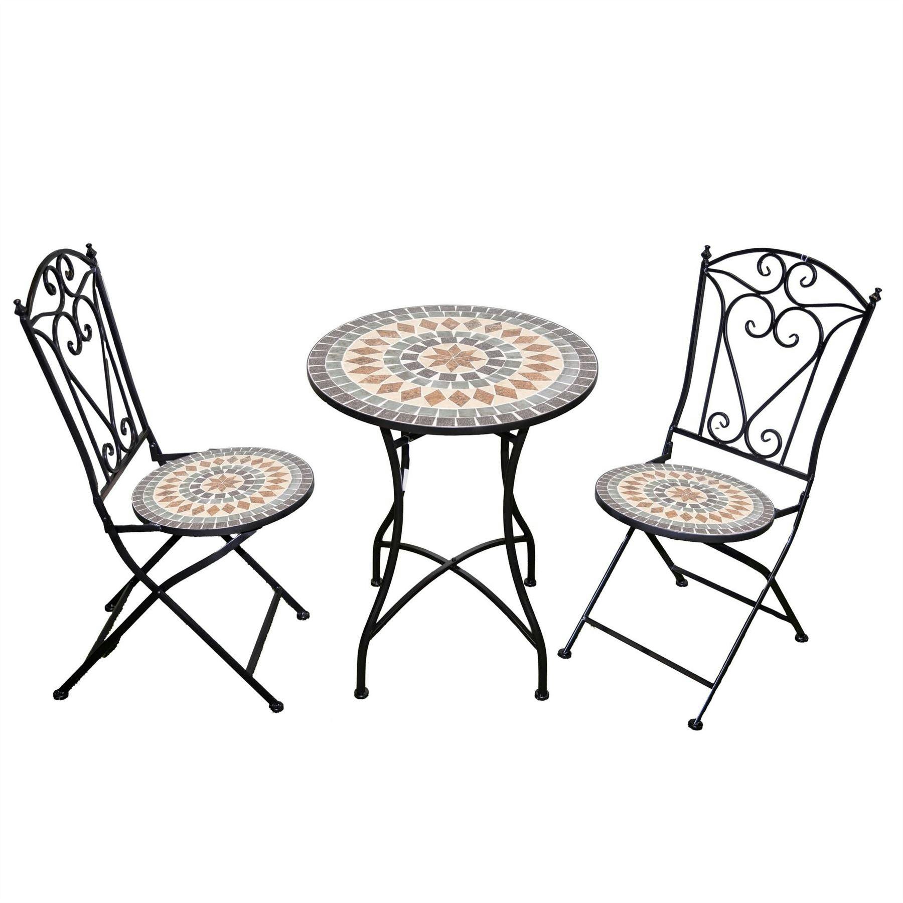 Shatchi Light Marrakech Mosaic Bistro Set 3 Piece Folding Chairs & Round Table Outdoor Garden Furniture For Balcony & Terrace - 3 Piece