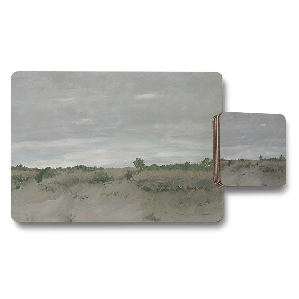 Rackhams Beige/Green/Grey Landscape Placemats And Coaster Set Featuring Dune Field Artwork