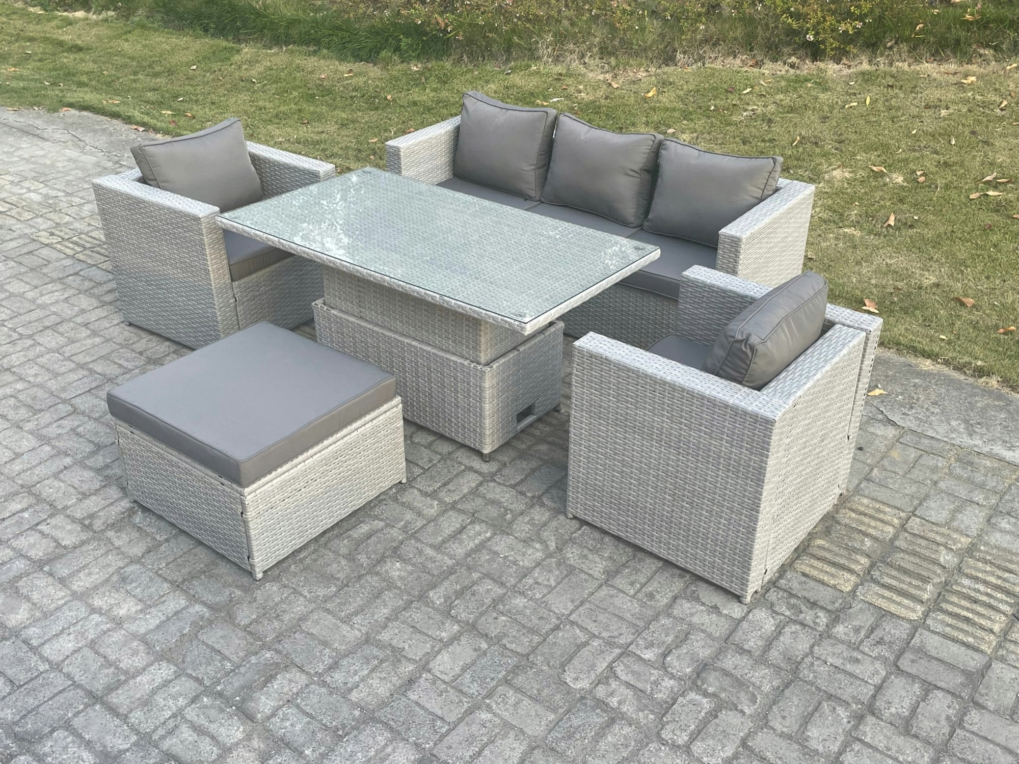 Rackhams Light/Grey/Dark Rattan Garden Funiture Set Adjustable Rising Lifting Table Sofa Dining Set With 2 Arm Chair Big Footstool
