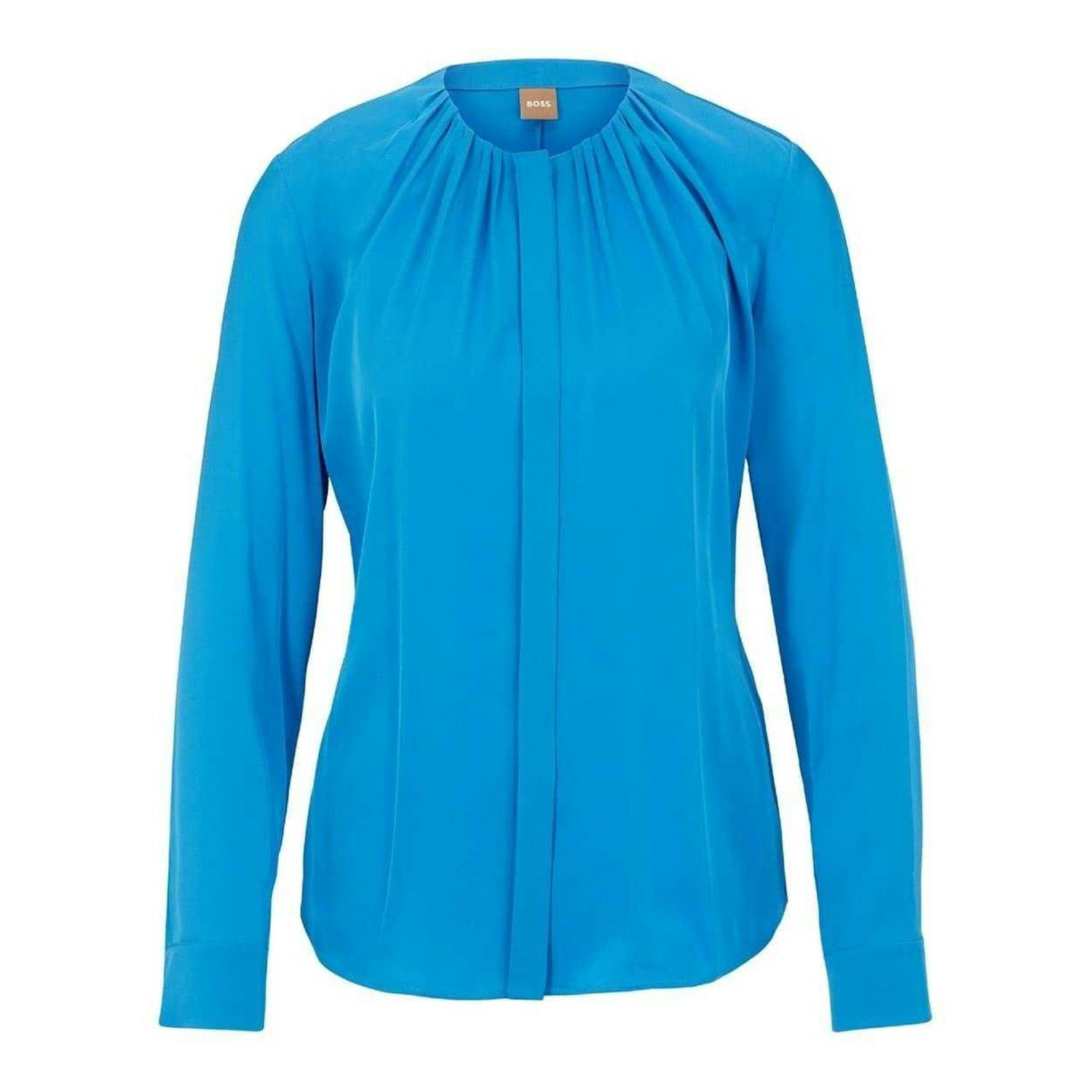 Boss Women's Blue Silk Regular Long-Sleeved Blouse - Bright - 12 Uk - Bright - 93% Silk/7% Elastane