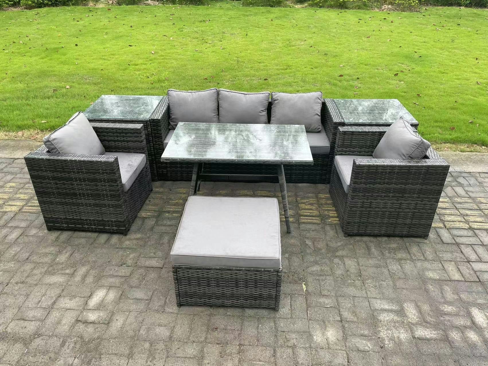 Fimous Dark/Grey 6 Seater Rattan Outdoor Furniture Garden Dining Set With Oblong Dining Table 2 Side Tables Big Footstool 2 Armchairs Mixed