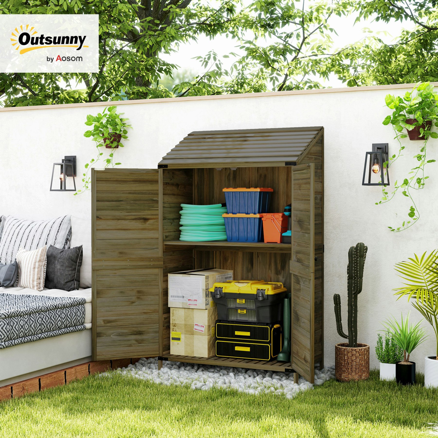 Rackhams Green Wooden Garden Storage Shed W/Double Doors And Shelves,