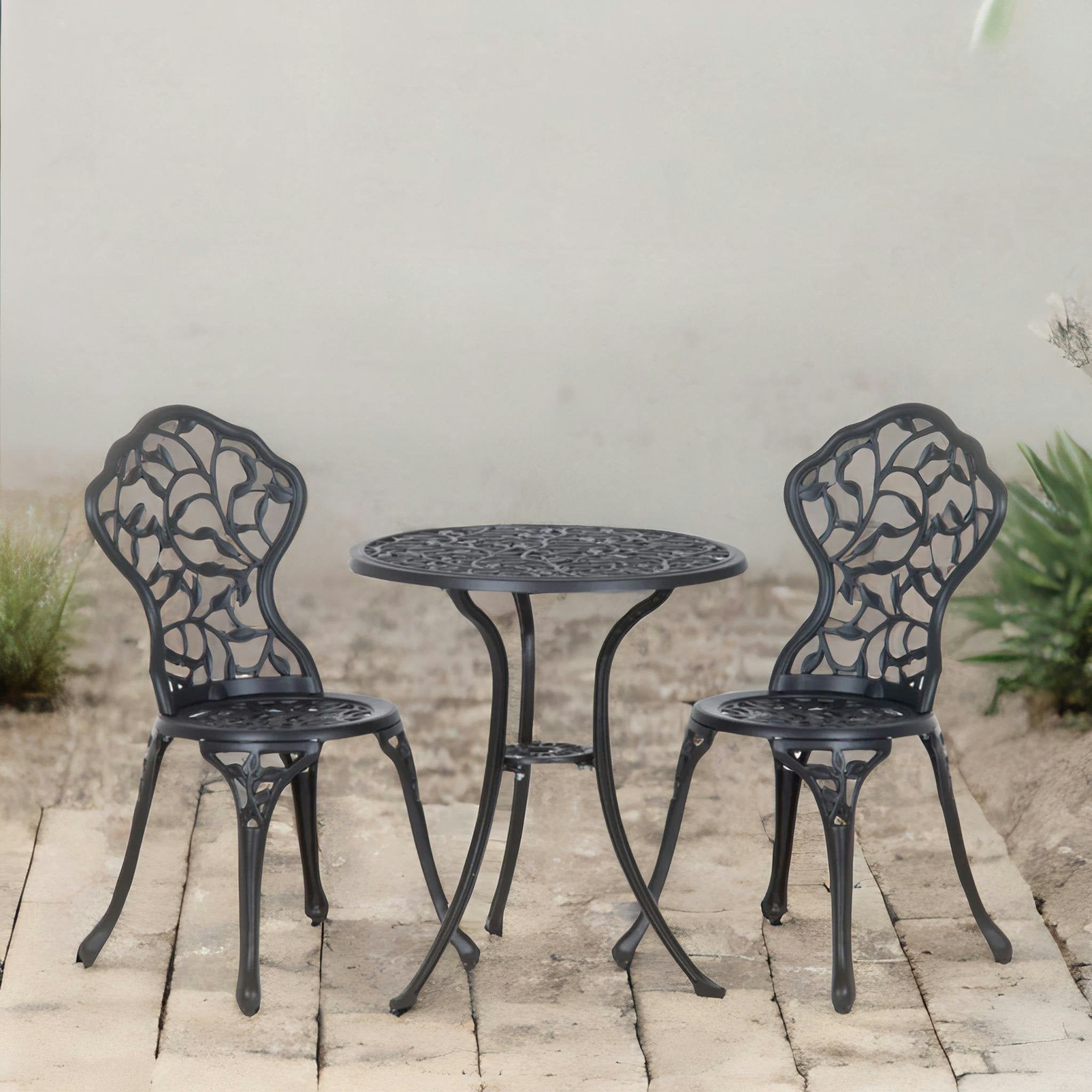 Rackhams Black Set Of 3 Cast Aluminium Bistro Table And Chair Leaf Design