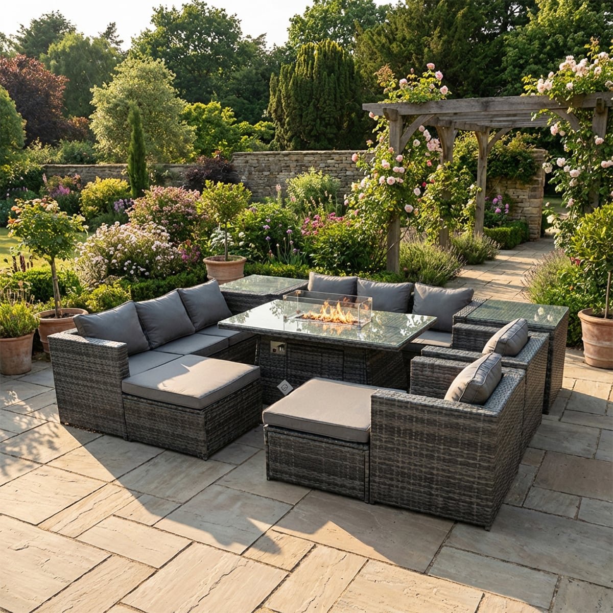 Rackhams Dark/Grey 10 Seater Rattan Garden Furniture Set With Fire Pit Dining Table, 2 Sofas, 2 Side Tables, 2 Chairs & 2 Footstools