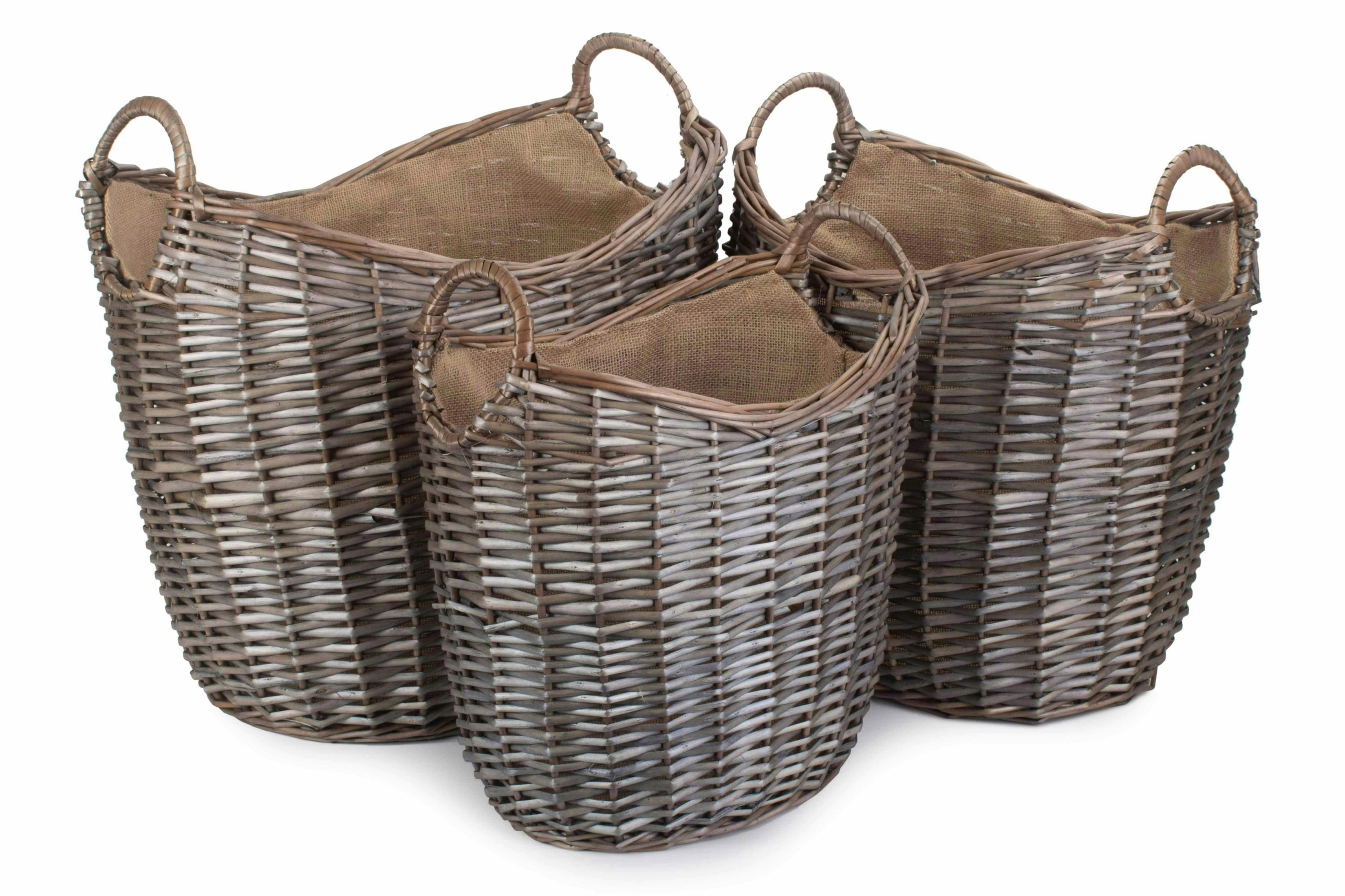 Red Hamper Red/Brown Hamper Scoop Neck Antique Wash Hessian Lined Wicker Log Basket - Set Of 3