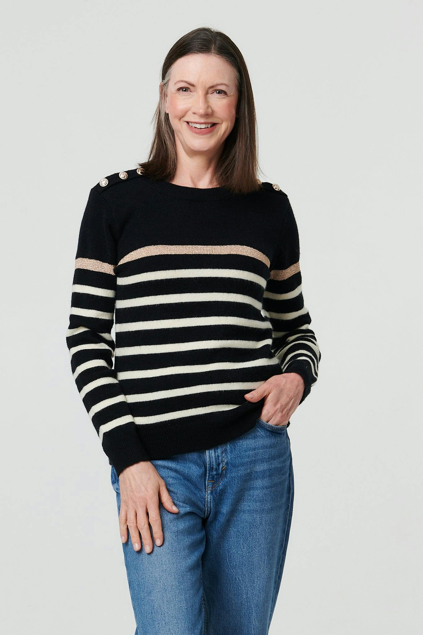 Izabel London Black Striped Button Detail Long Sleeve Jumper - 12