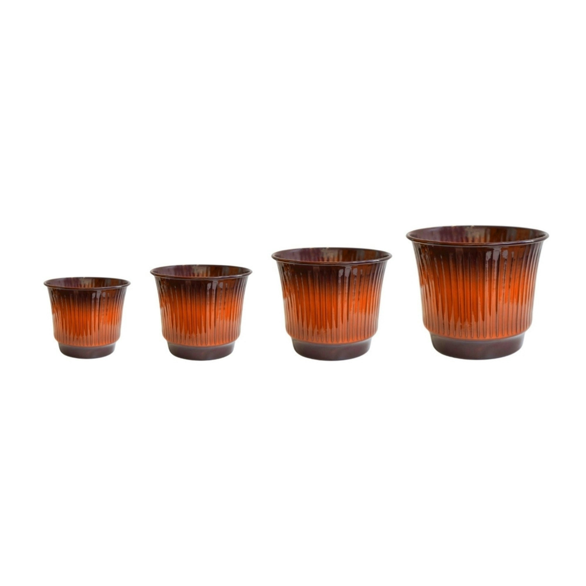 Rackhams Orange Jasper Metal Ribbed Tapered Planter Set Of 4 - Burnt