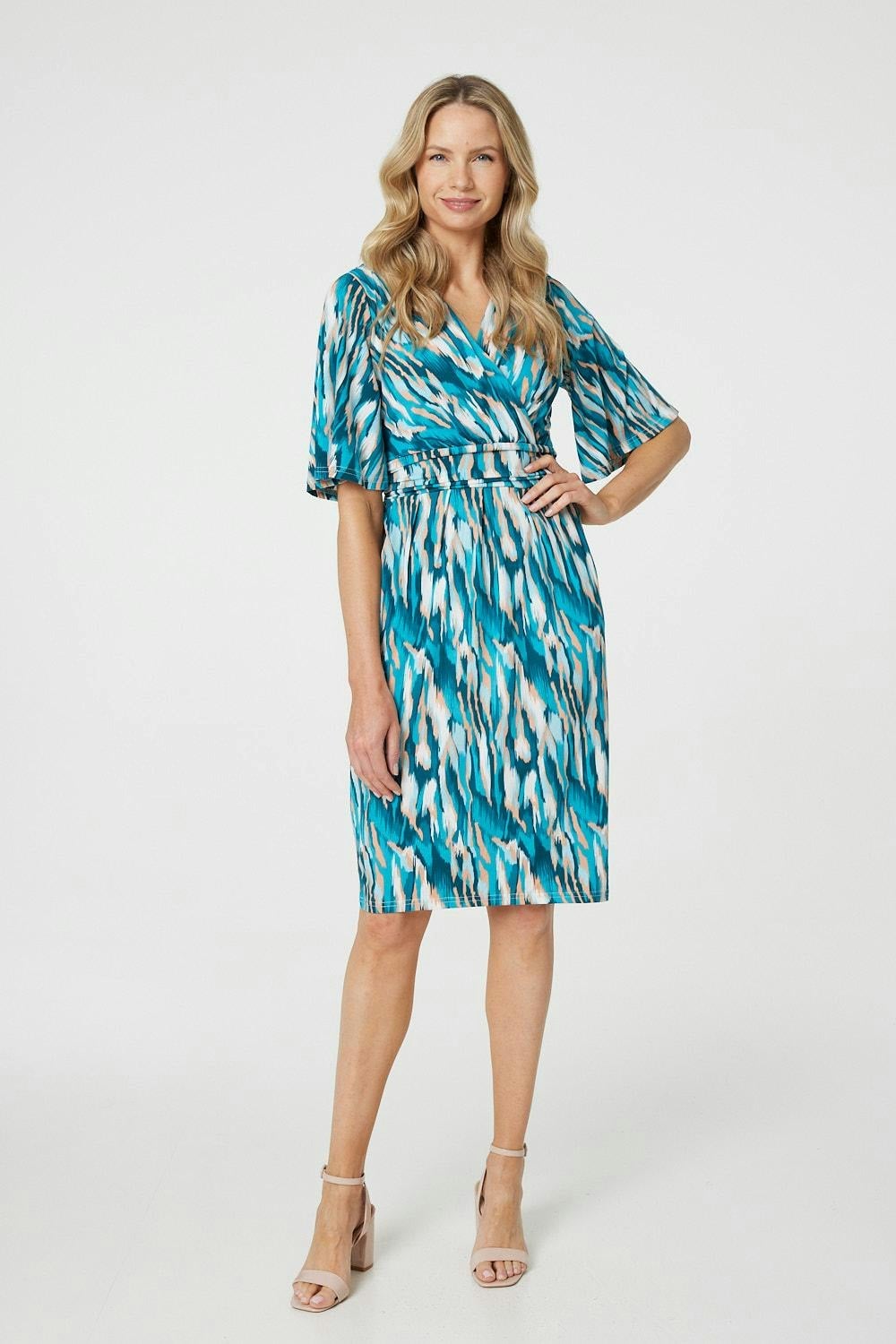 Izabel London Green Printed 1/2 Angel Sleeve Faux Wrap Dress - 18