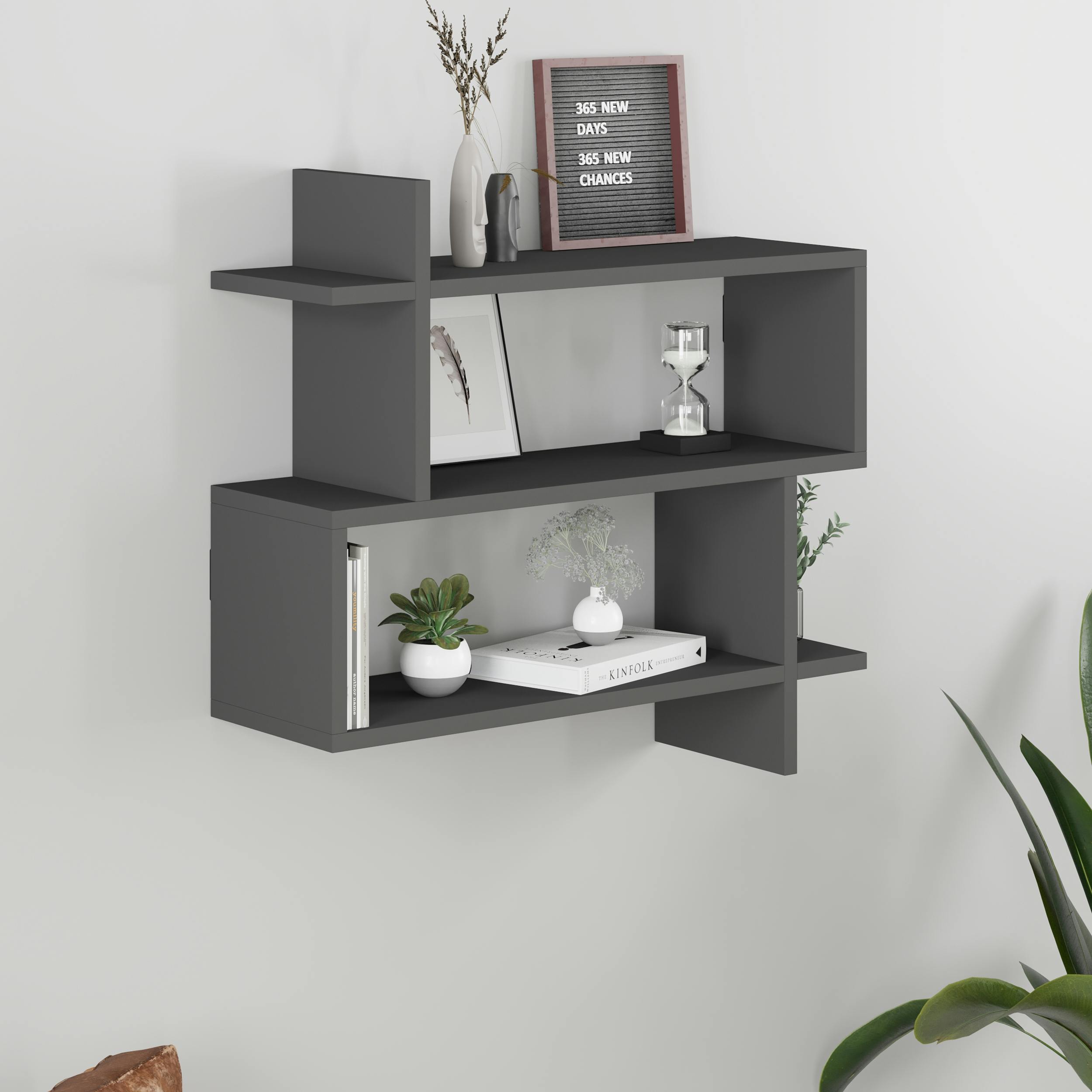 Decortie Anthracite/Grey Paralel Wall Mounted Modern Bookcase Display Unit 2-Tier Sleek Design 70X22x66 Cm