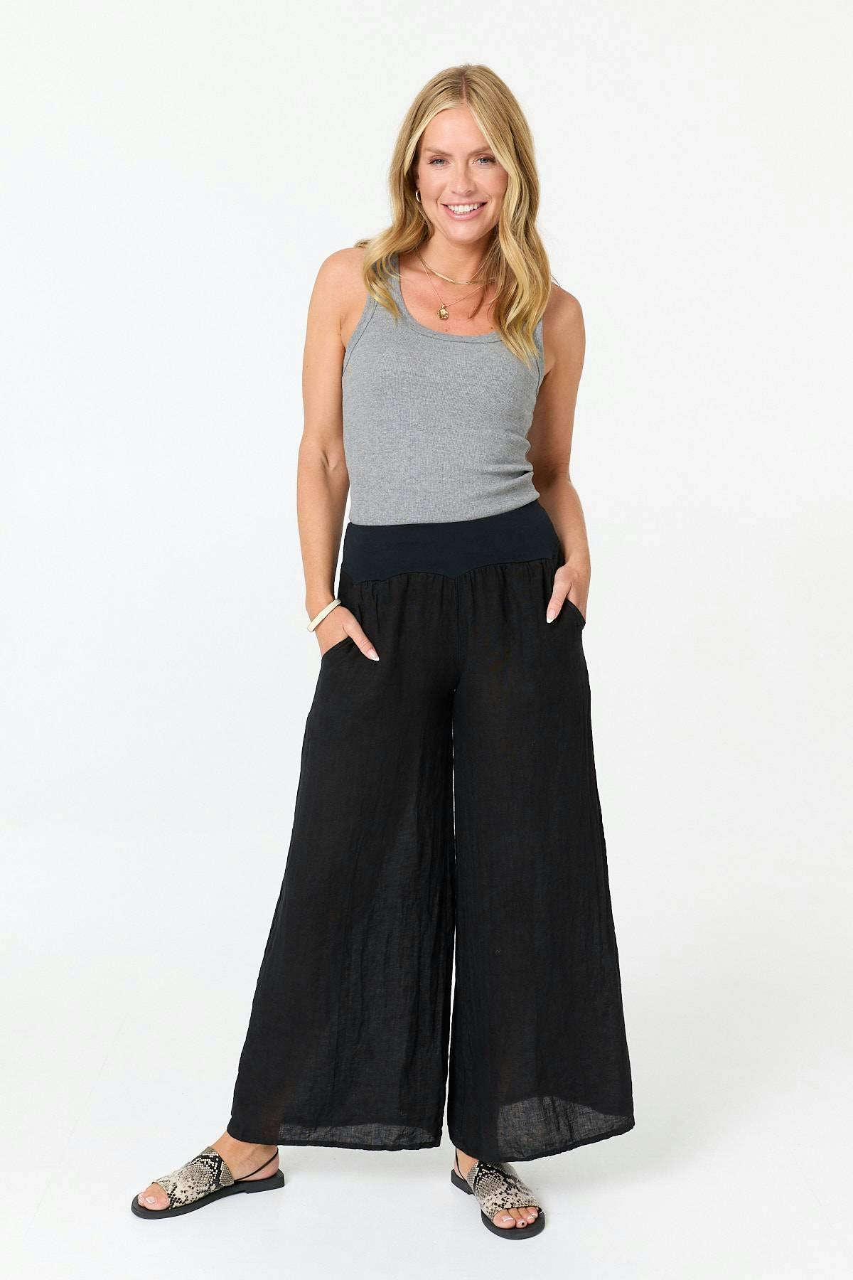 Izabel London Black High Waist Relaxed Flared Trousers - 16