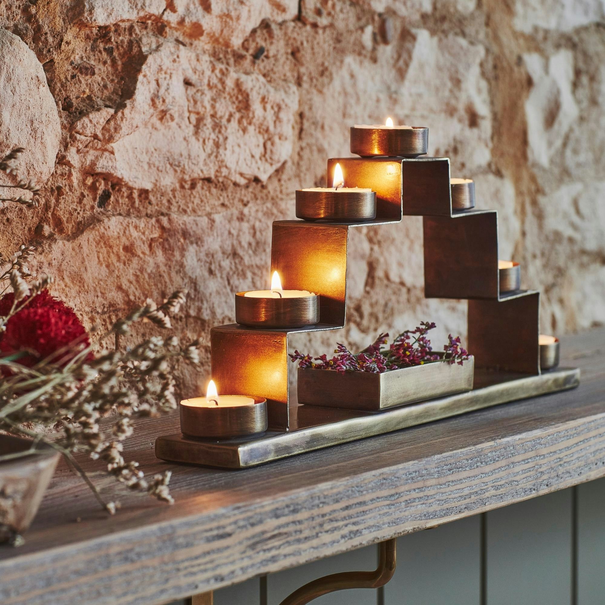 Rackhams Tealight Candle Holder With Décor Box In Antique Brass
