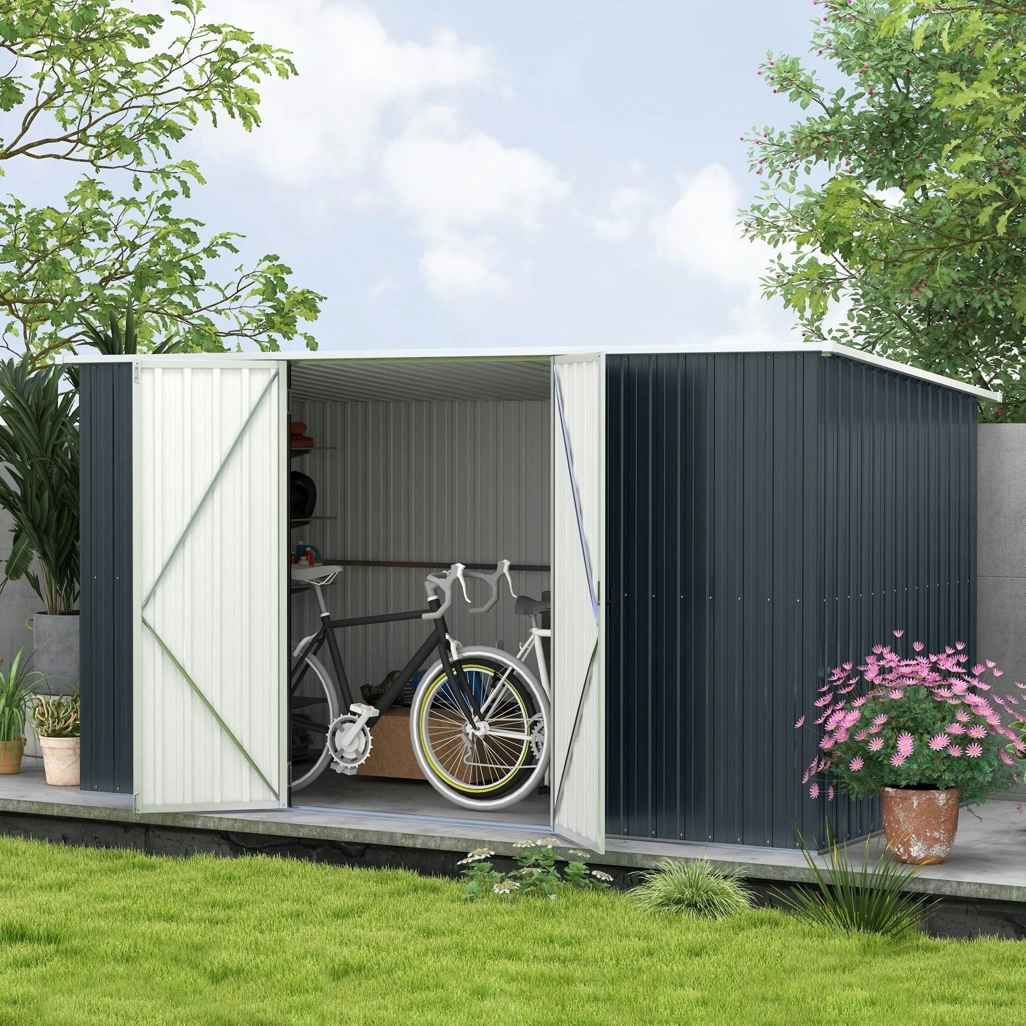 Rackhams Grey 11 X 5.6Ft Galvanised Metal Garden Shed With Lockable Doors,
