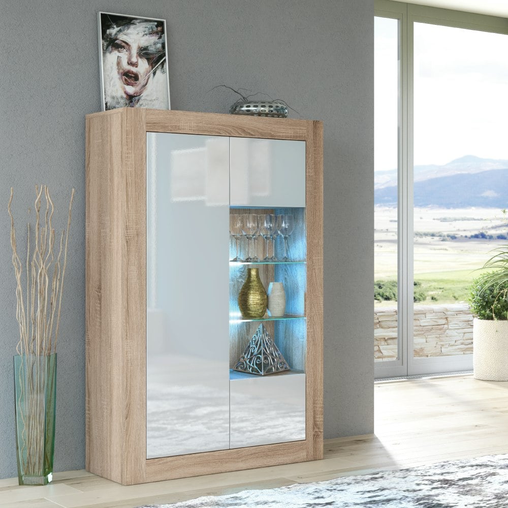 Mex Furniture White Elegant 140Cm Sideboard Cabinet Unit With High Gloss Doors And Free Led - 140 Cm - Oak Matt Body & Gloss Doors - 1