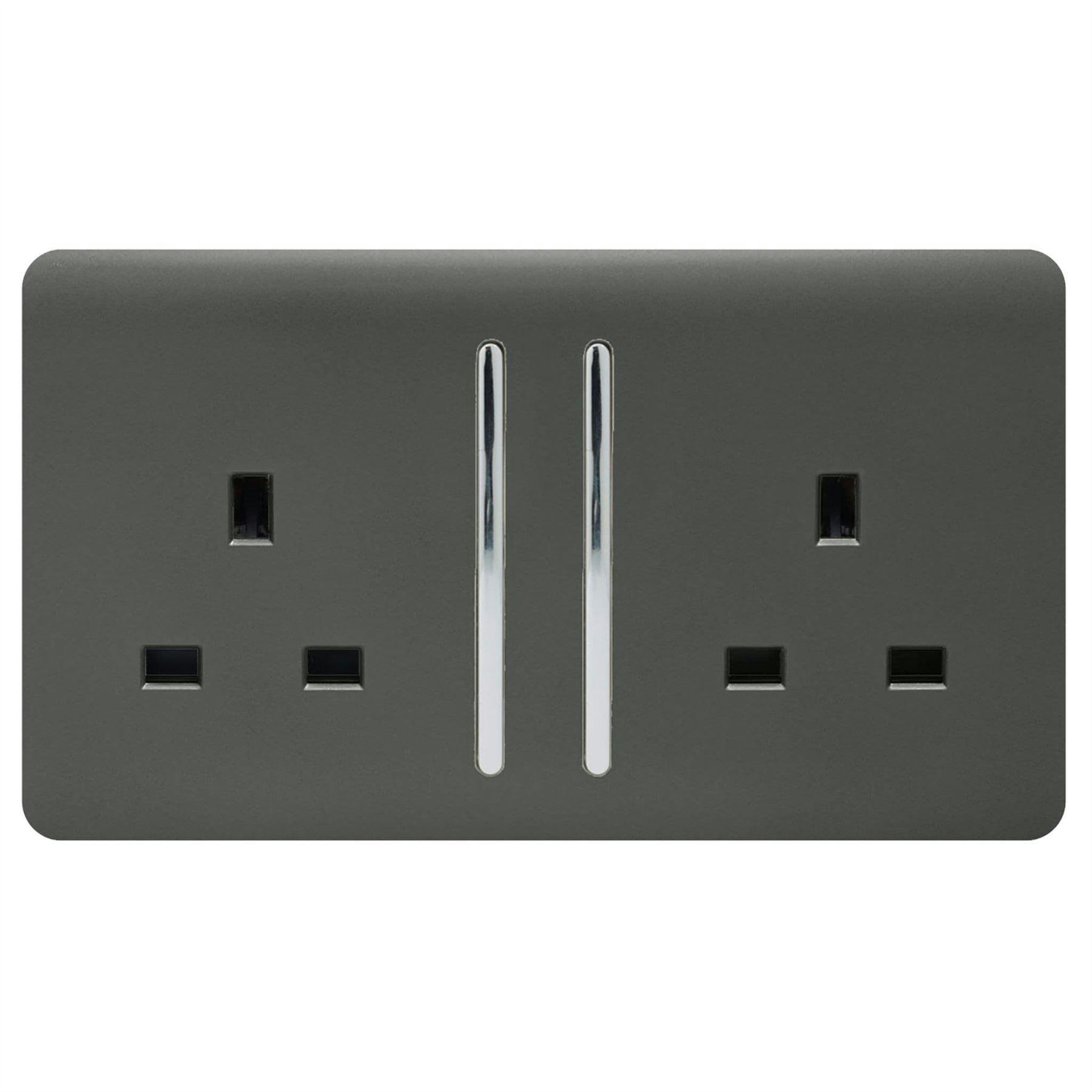 Trendi Switch Grey 2 Gang Long Switched Plug Socket In Charcoal