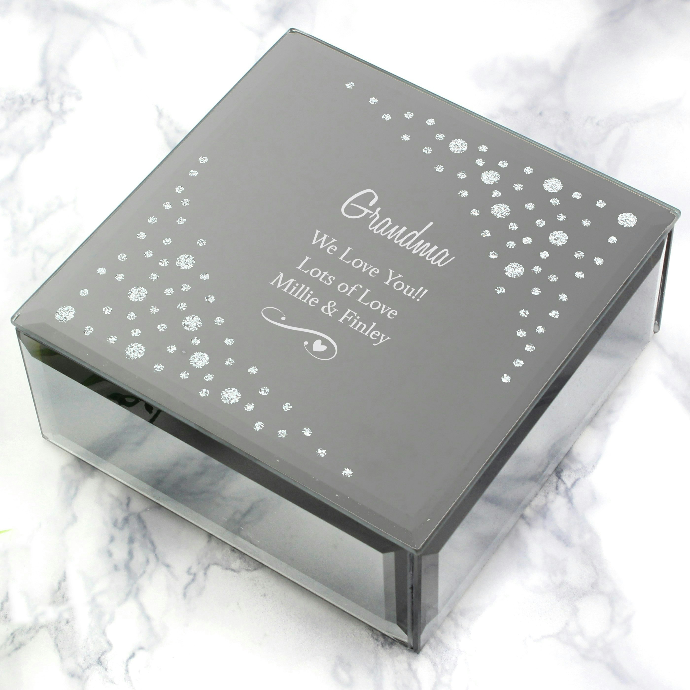 Personalised Memento Company Black Personalised Any Message Swirls & Hearts Diamante Glass Trinket Box
