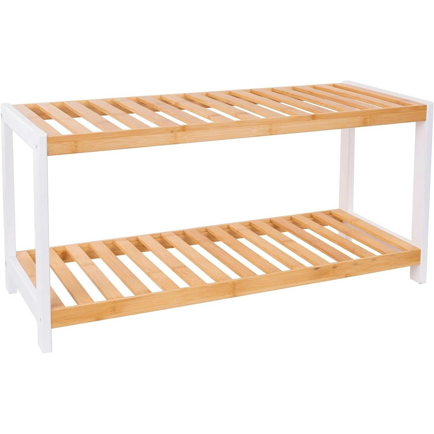 Rackhams White/Brown Bamboo 2 Tier Shoe Rack Easy Assembly Storage Shelf Organiser Wooden Shoe Rack - Shoe Rack - Bamboo