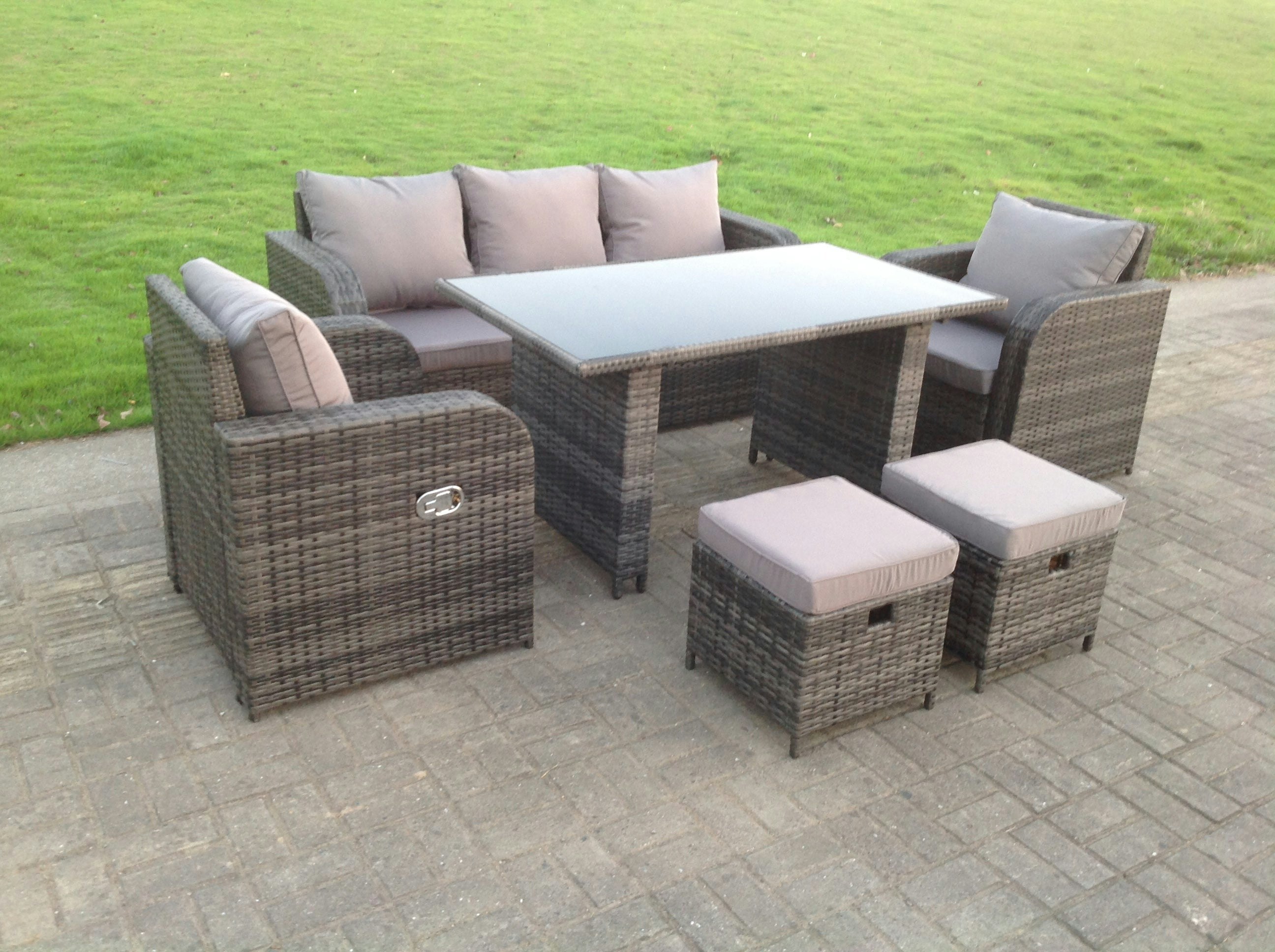 Rackhams Black Pe Rattan Garden Furniture Set Adjustable Chair Lounge 3 Seater Sofa Oblong Rectangular Dining Glass Table 2 Stools