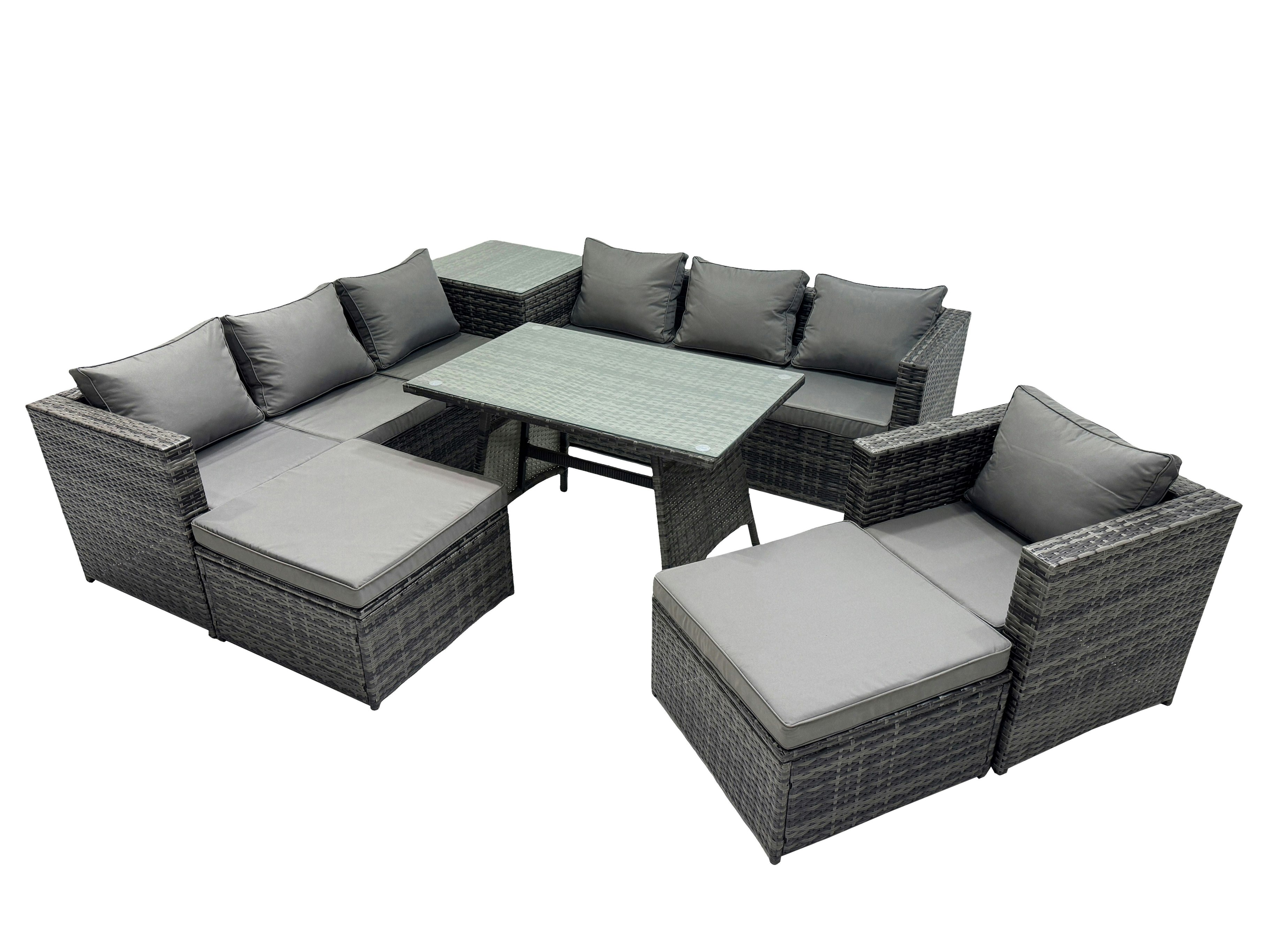 Rackhams Dark/Grey Outdoor Corner Sofa Chair Dining Table Set Garden Rattan Furniture Set 9 Seater With Side Table 2 Big Stool
