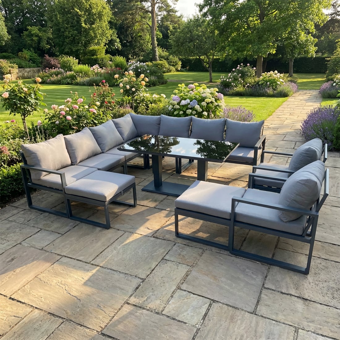 Fimous Dark/Grey 11 Seater Aluminum Outdoor Garden Furniture Set With Corner Sofa, 2 Chairs, 2 Footstools & Adjustable Dining Table