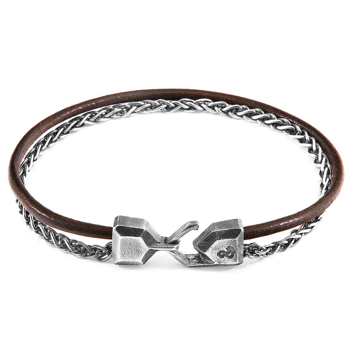 Anchor & Crew Brown/Silver Mocha Staysail Mast And Round Leather Bracelet - L - 23Cm